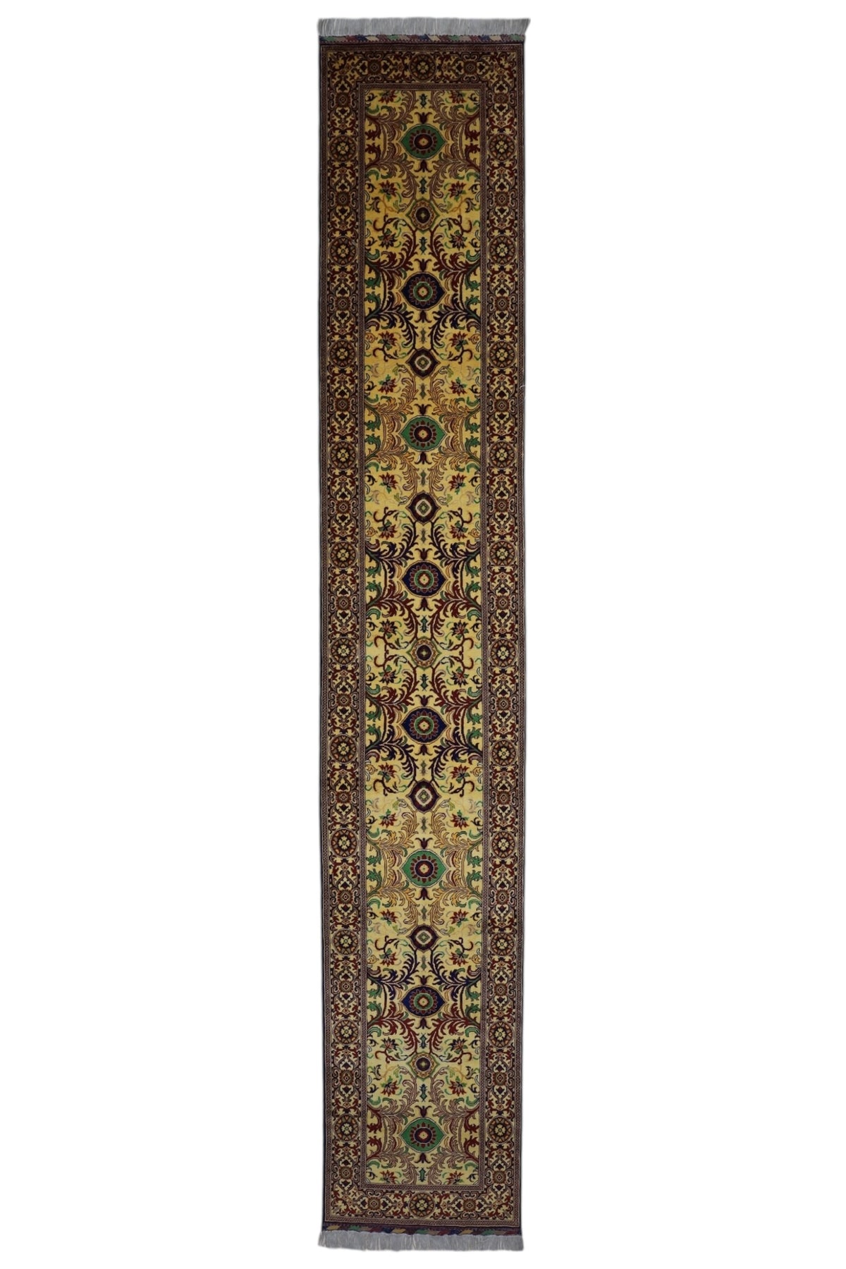 Afghan Runner 3x16, Yellow, Red & Navy, Hand-Knotted Wool