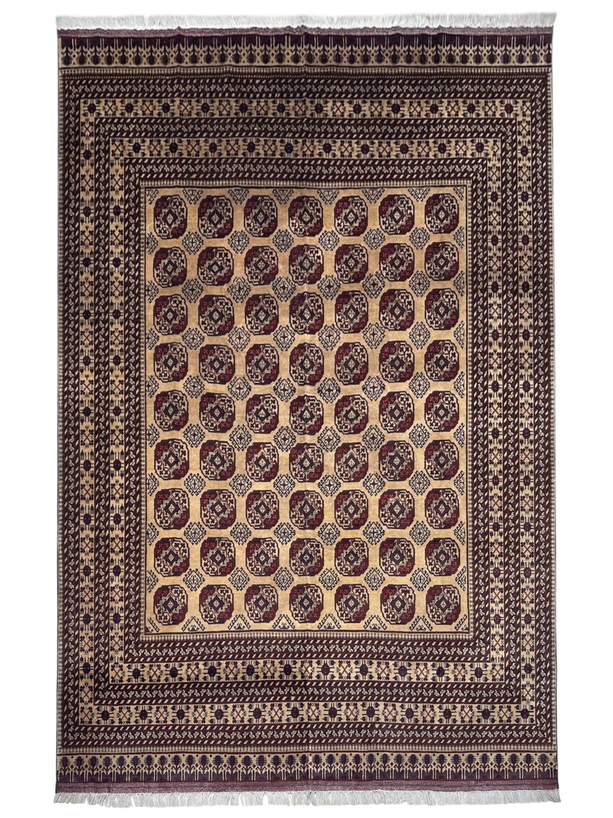 Afghan Turkmen Rug 9x11, Beige, Brown & Burgundy, Hand-Knotted Wool