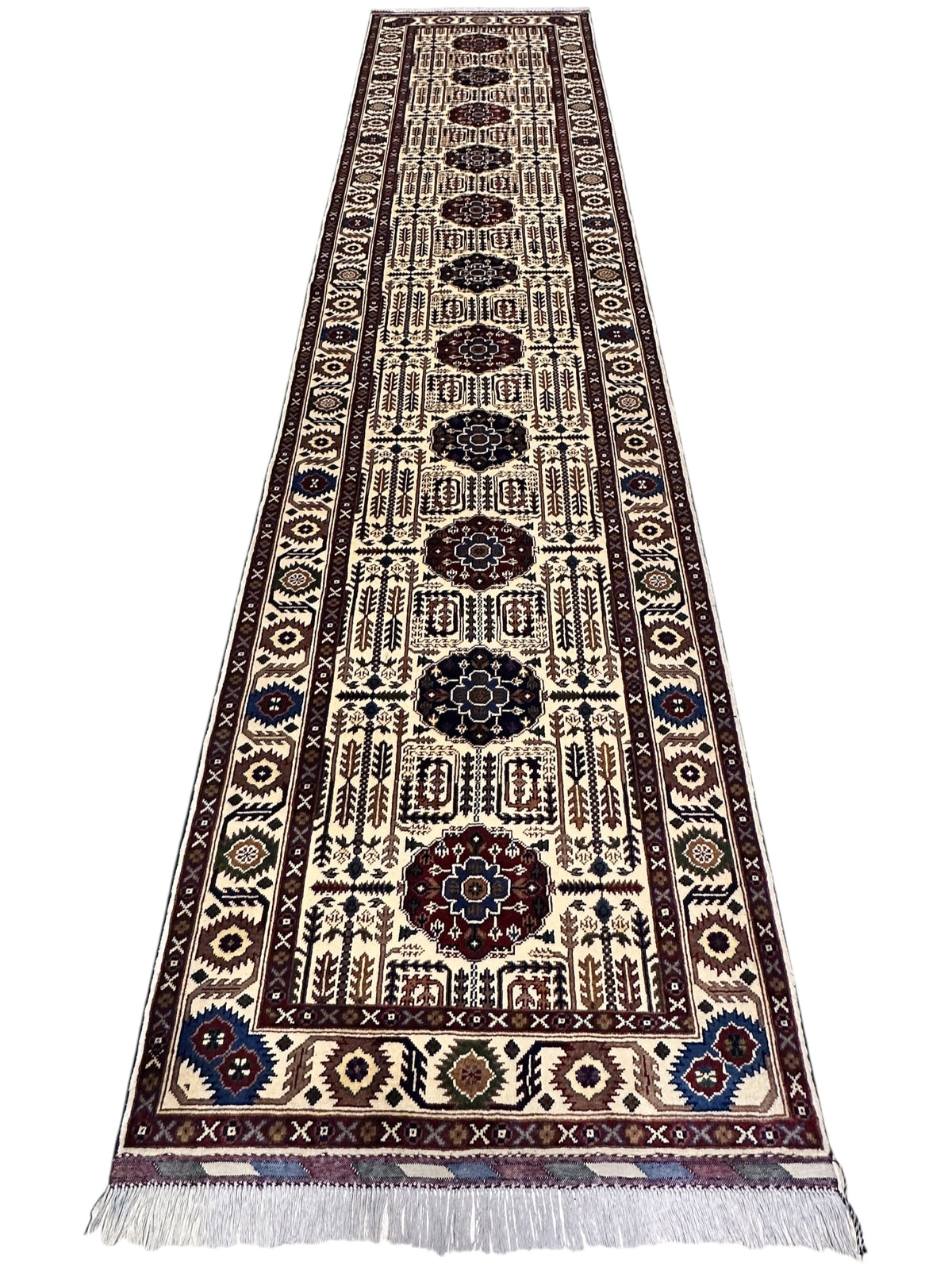 Afghan Gandom Runner 3'2" x 13'4", Hand-Knotted Wool, Beige, view 3