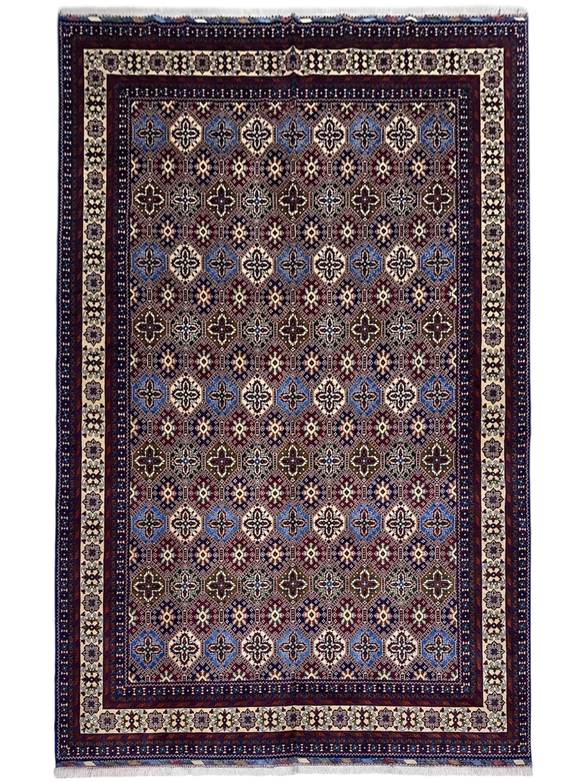Afghan Rug 8x11, Navy, Red & Light Blue, Hand-Knotted Wool