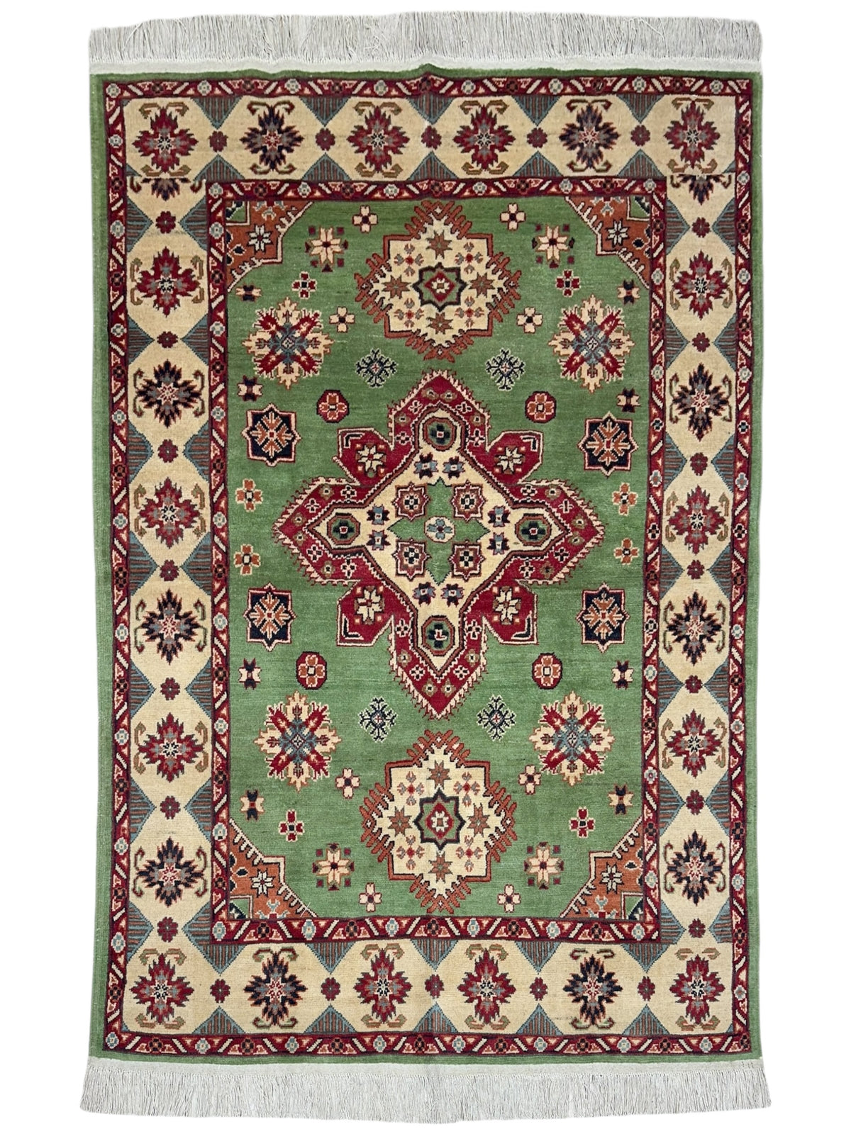 Afghan Mamluk Rug 4'11" x 6'9", Hand-Knotted Wool, Green, Cream & Red