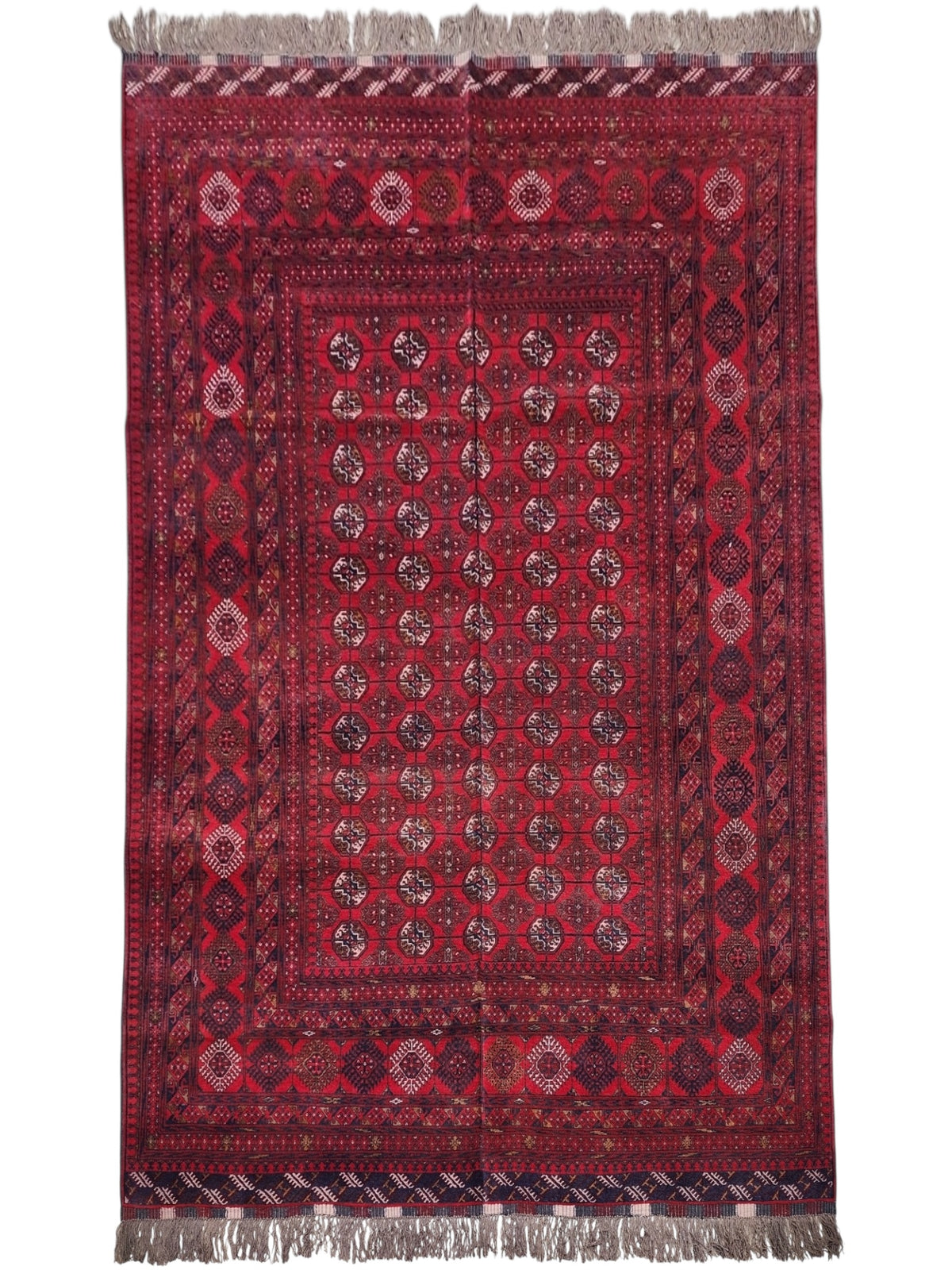 Afghan Mauri Rug 7x10, Red, Navy & Ivory, Hand-Knotted Wool