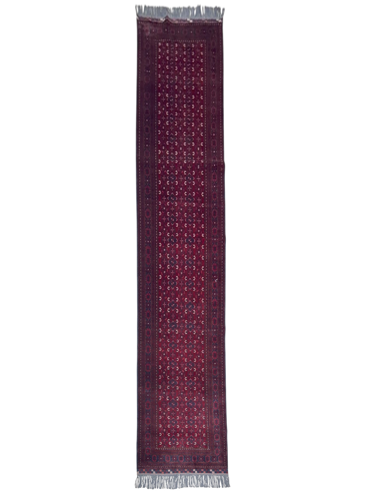 Afghan Beshir Runner 3x12, Burgundy, Navy & Red, Hand-Knotted Wool