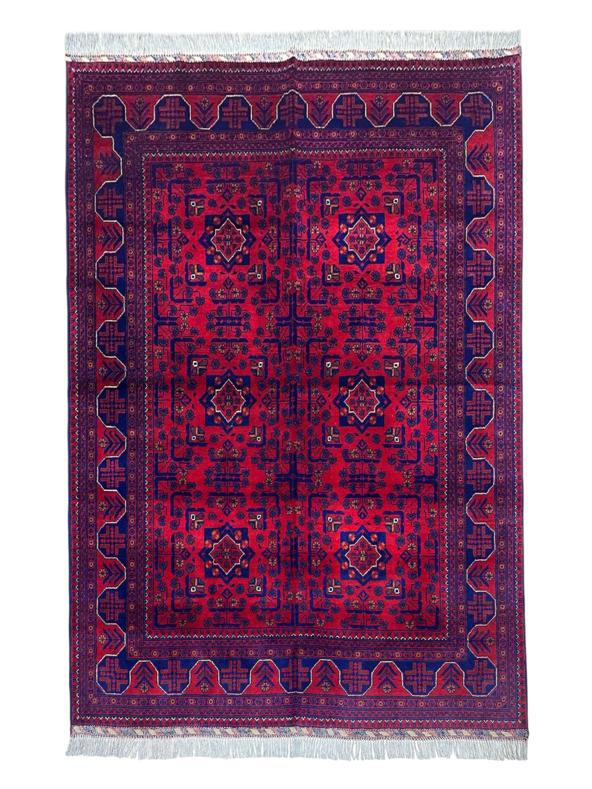 Afghan Stars Rug 5x6, Red, Navy & Burgundy, Hand-Knotted Wool