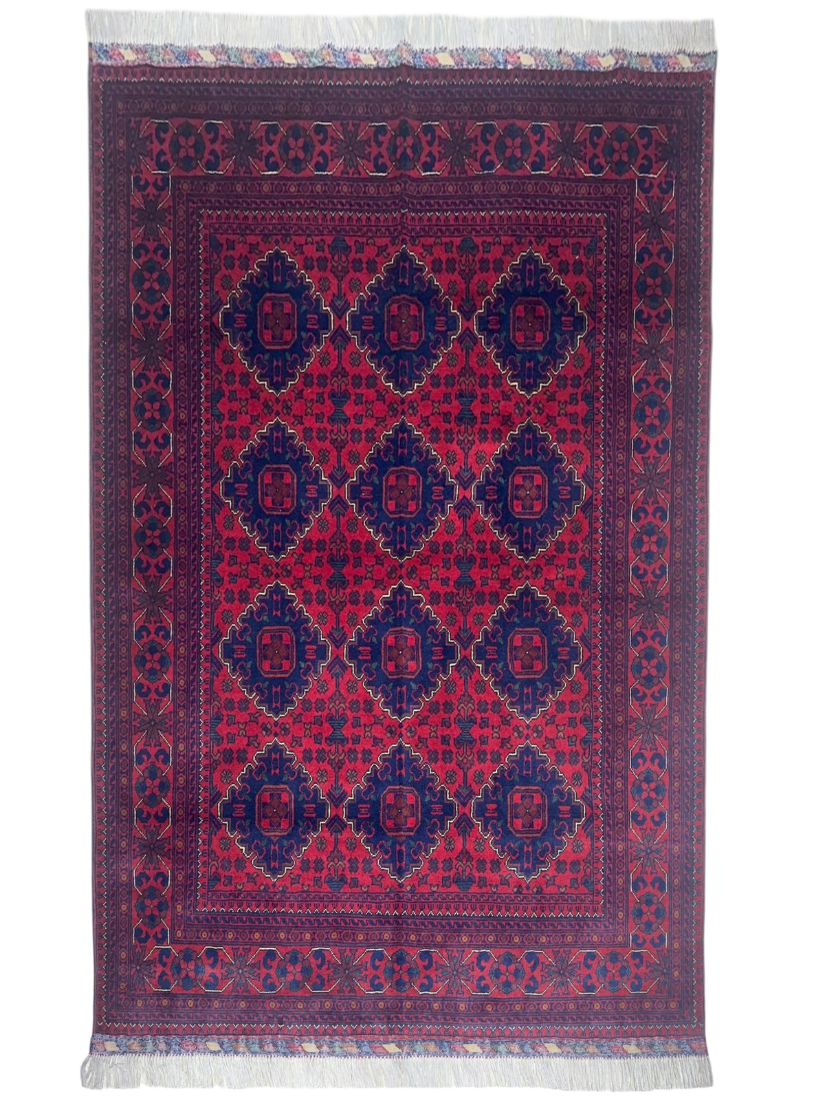 Afghan Khamyab Rug 4'11" x 6'6", Hand-Knotted Wool, Red & Blue