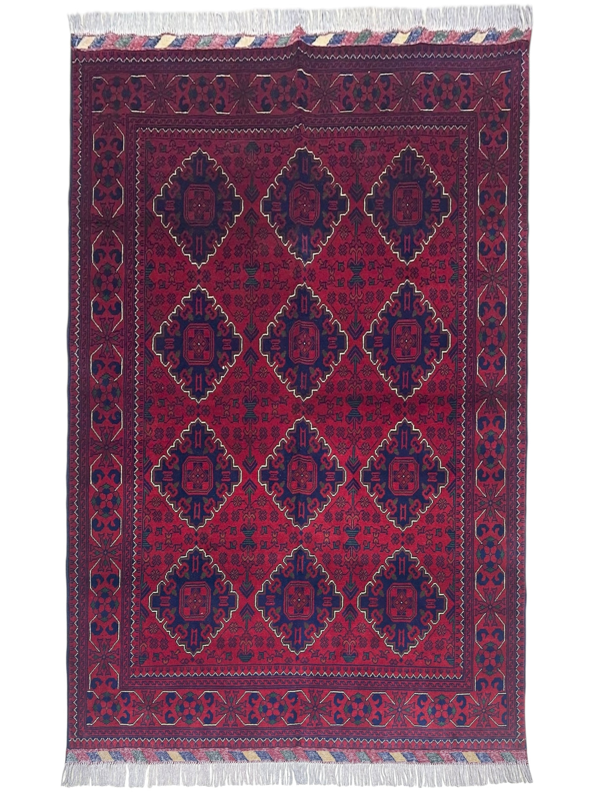 Afghan Khamyab Rug 4'11" x 6'5", Hand-Knotted Wool, Red & Blue