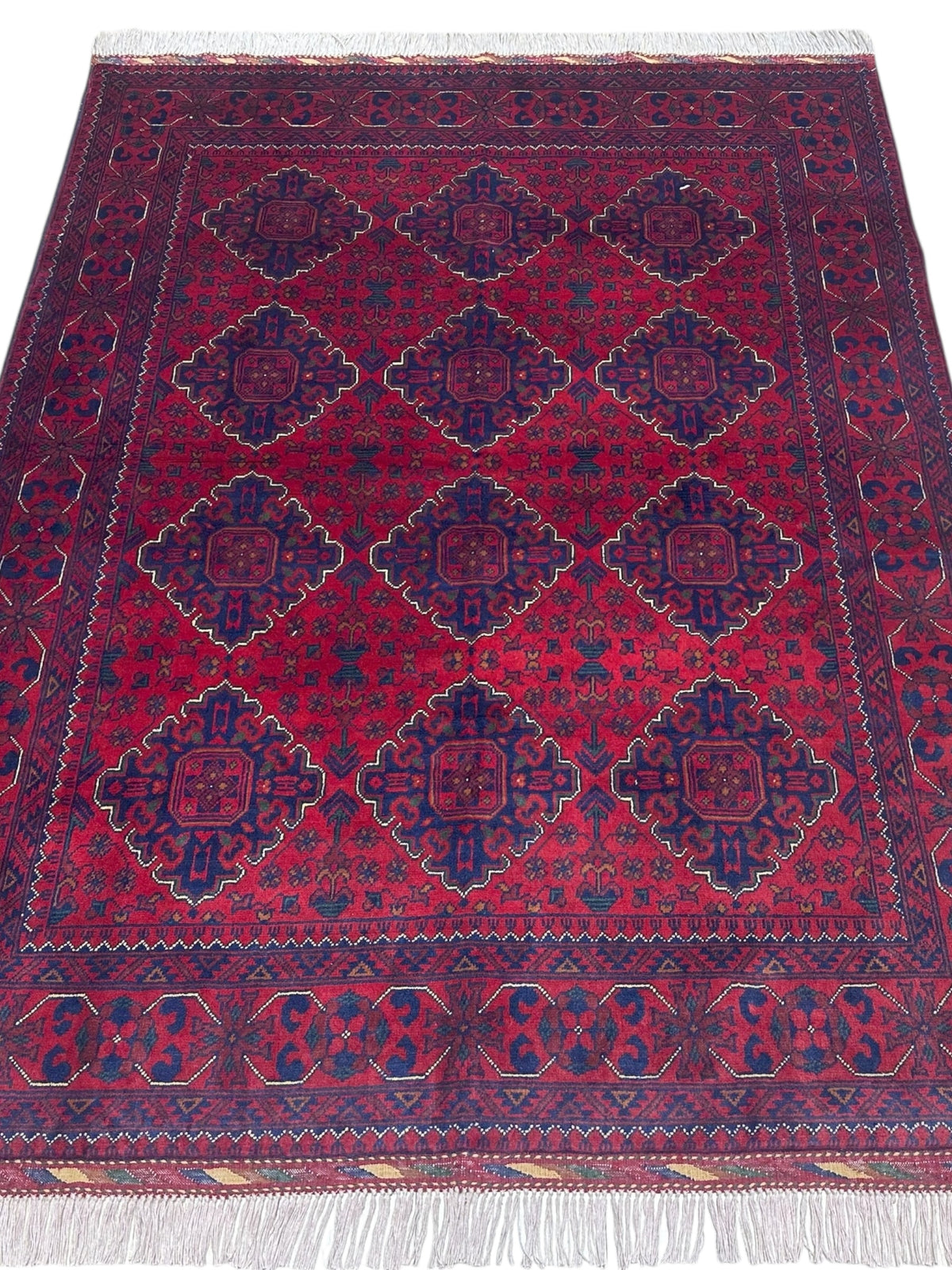 Afghan Khamyab Rug 4'9" x 6'3", Hand-Knotted Wool, Red & Blue, view 2