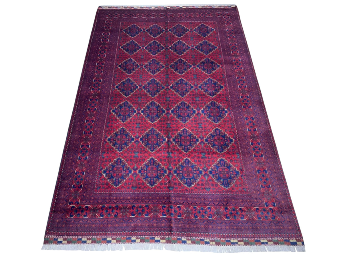 Afghan Khamyab Rug 6'8" x 9'10", Hand-Knotted Wool, Red & Blue, view 2