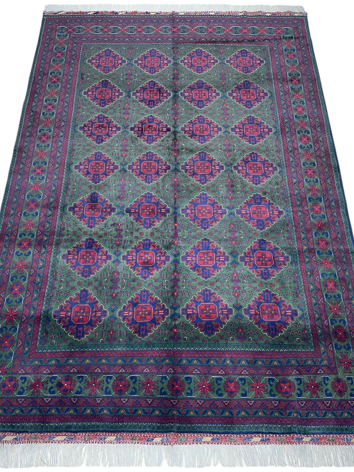 Afghan Khamyab Rug 6'7" x 9'9", Hand-Knotted Wool, Green, Red & Blue, view 2