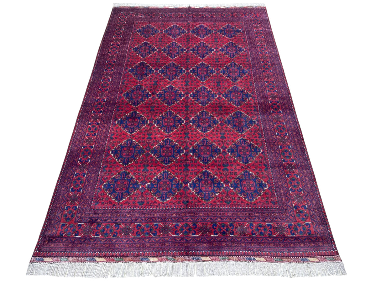 Afghan Khamyab Rug 6'6" x 9'9", Hand-Knotted Wool, Red & Blue, view 2