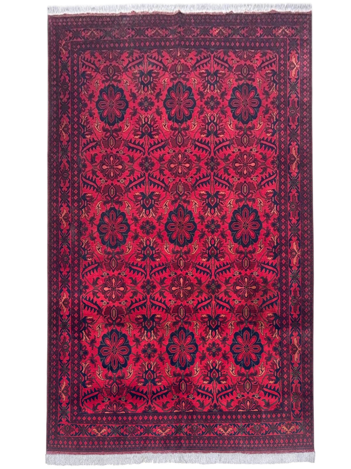 Afghan Tribal Rug 7x10, Red, Navy, Burgundy & Orange, Hand-Knotted Wool