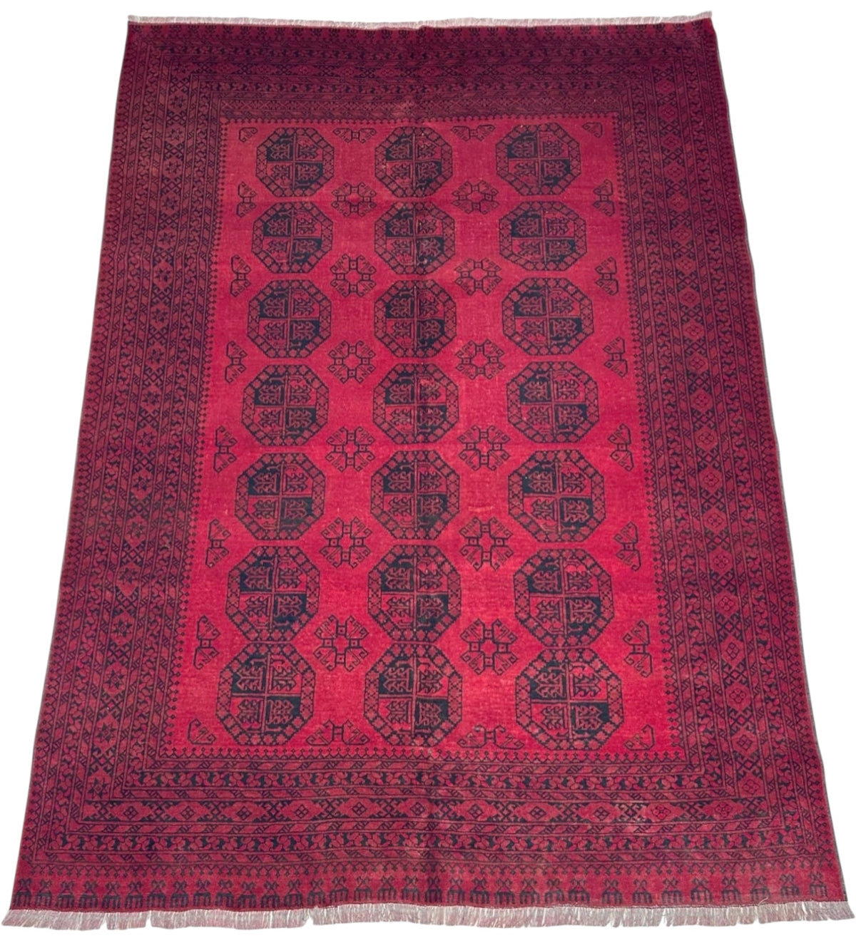 Afghan Bukhara Rug 6'8" x 9'5", Hand-Knotted Wool, Red & Black, view 2