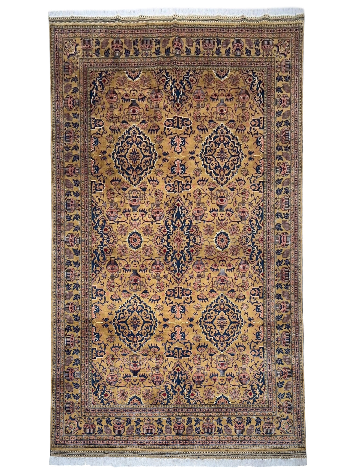 Afghan Rug 7x10, Gold, Navy & Pink, Hand-Knotted Wool
