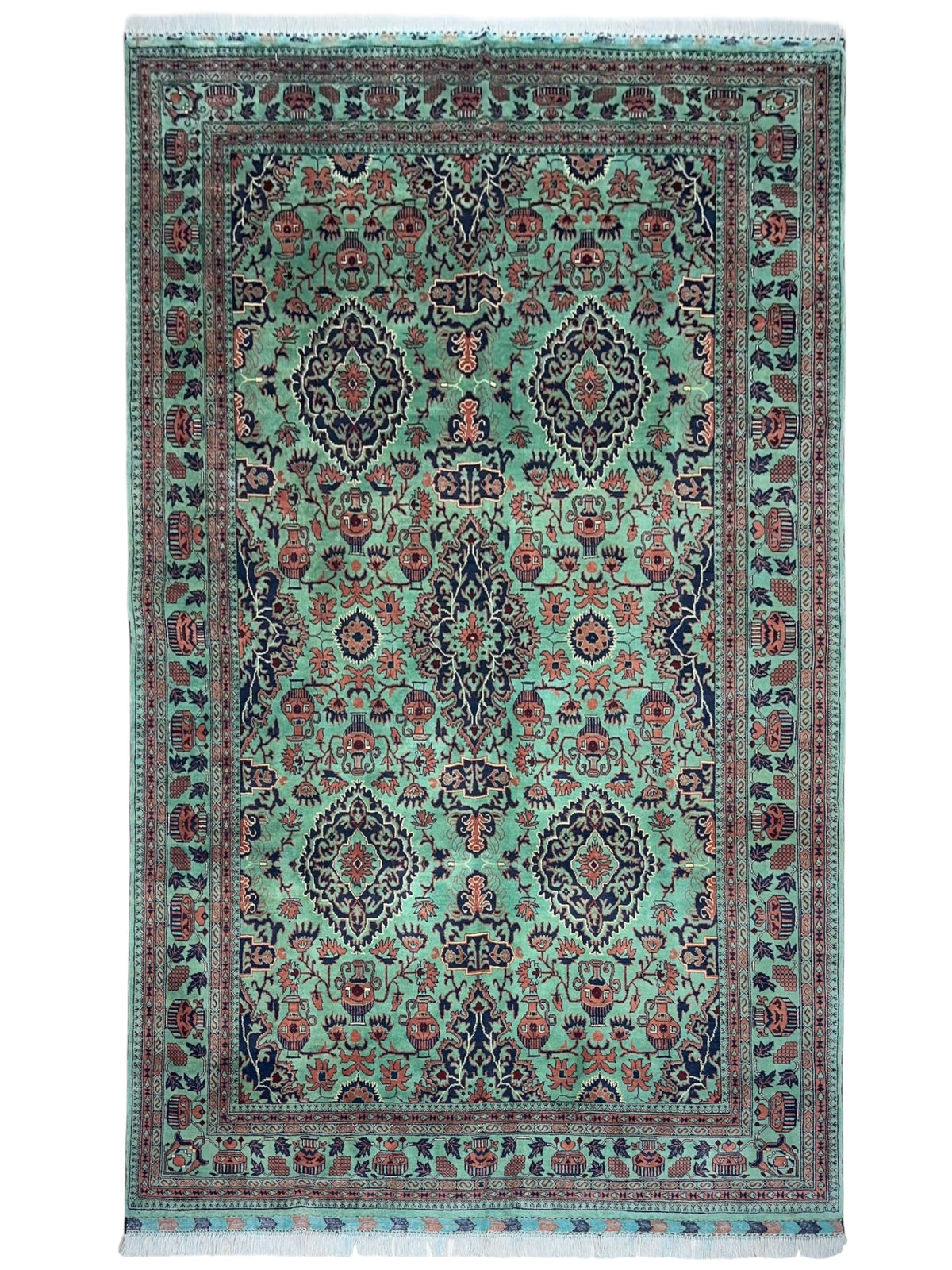 Afghan Rug 7x10, Teal, Navy & Rust, Hand-Knotted Wool