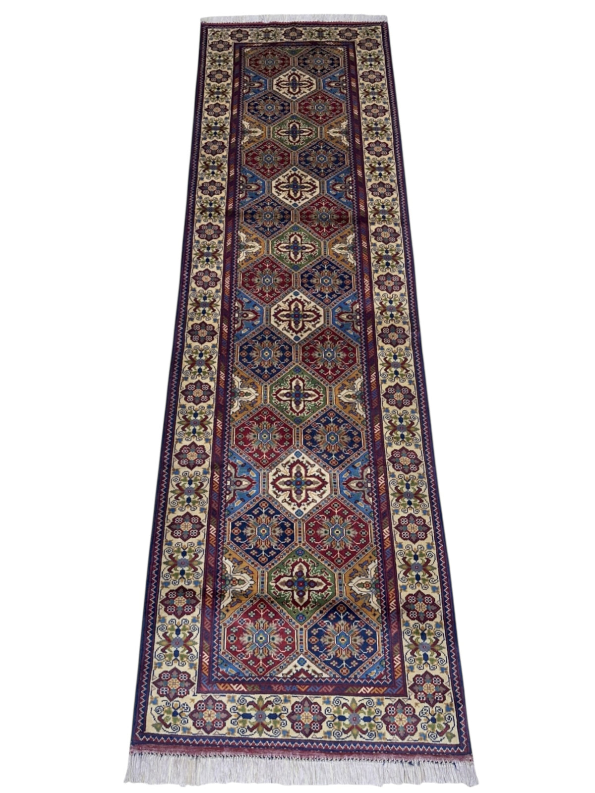 Afghan Kashi Runner 2'11" x 9'9", Hand-Knotted Wool, Cream, Red & Blue, view 2