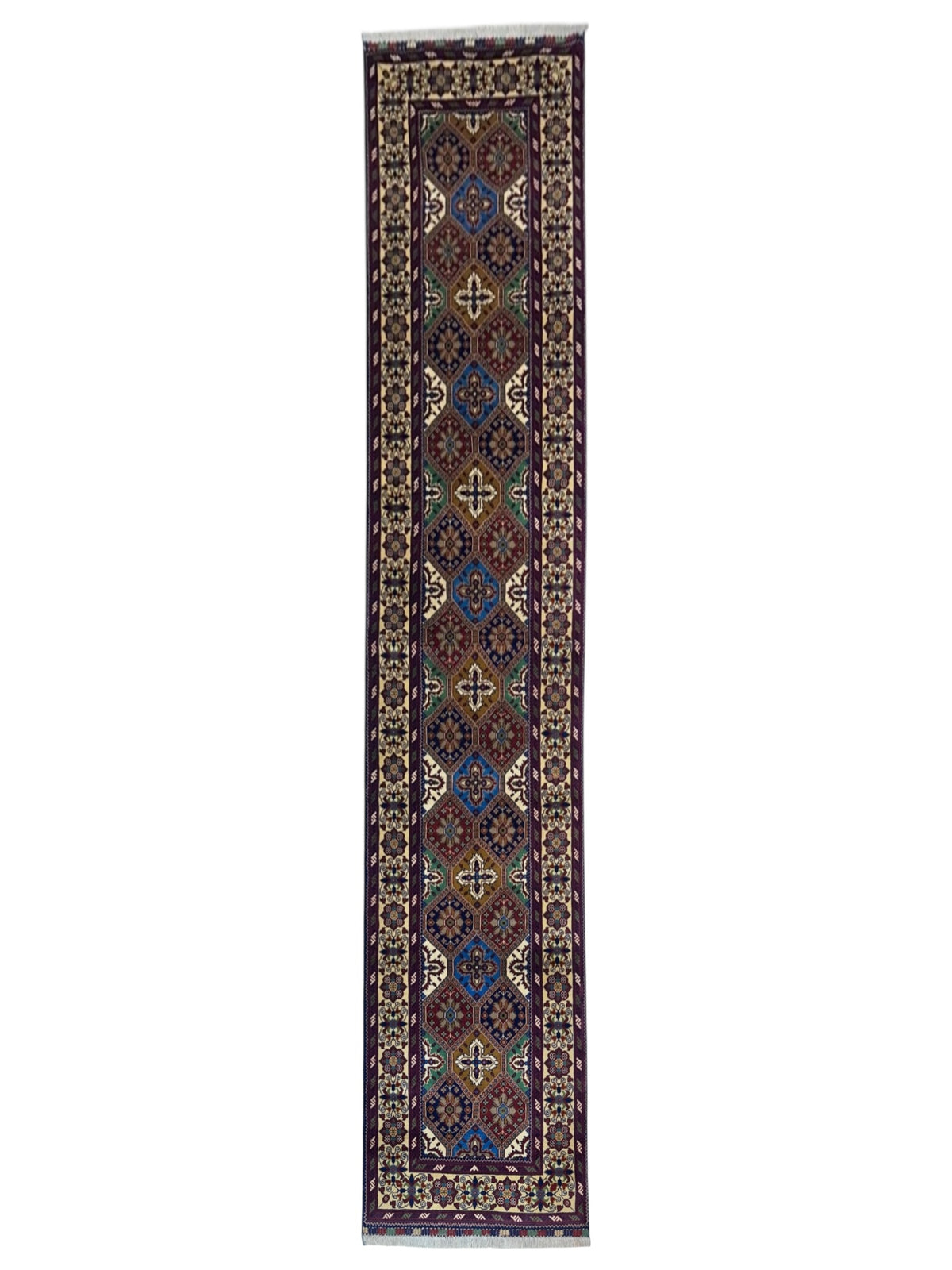 Afghan Kashi Runner 2'11" x 12'6", Hand-Knotted Wool, Cream & Red