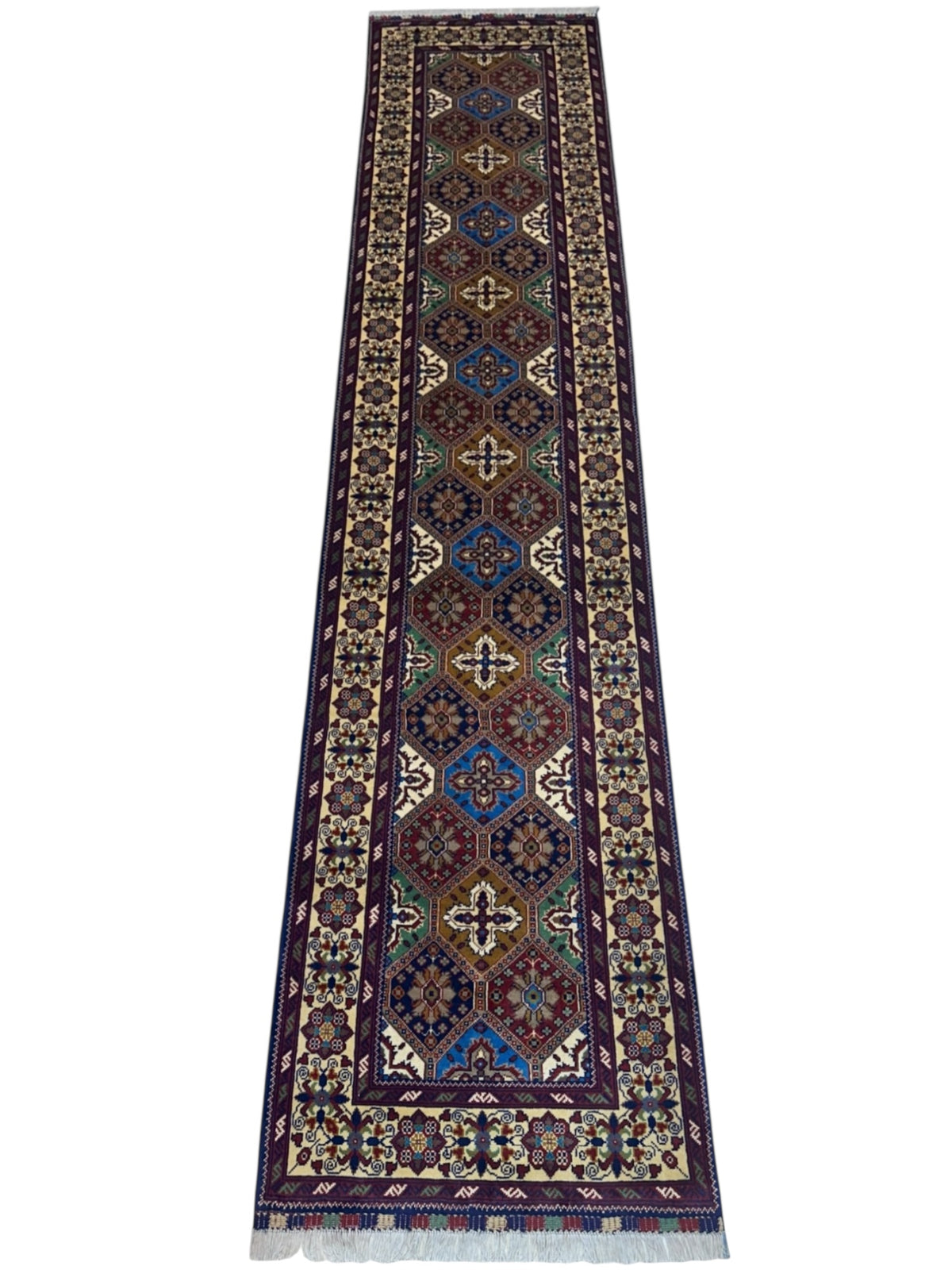 Afghan Kashi Runner 2'11" x 12'5", Hand-Knotted Wool, Cream & Red, view 2
