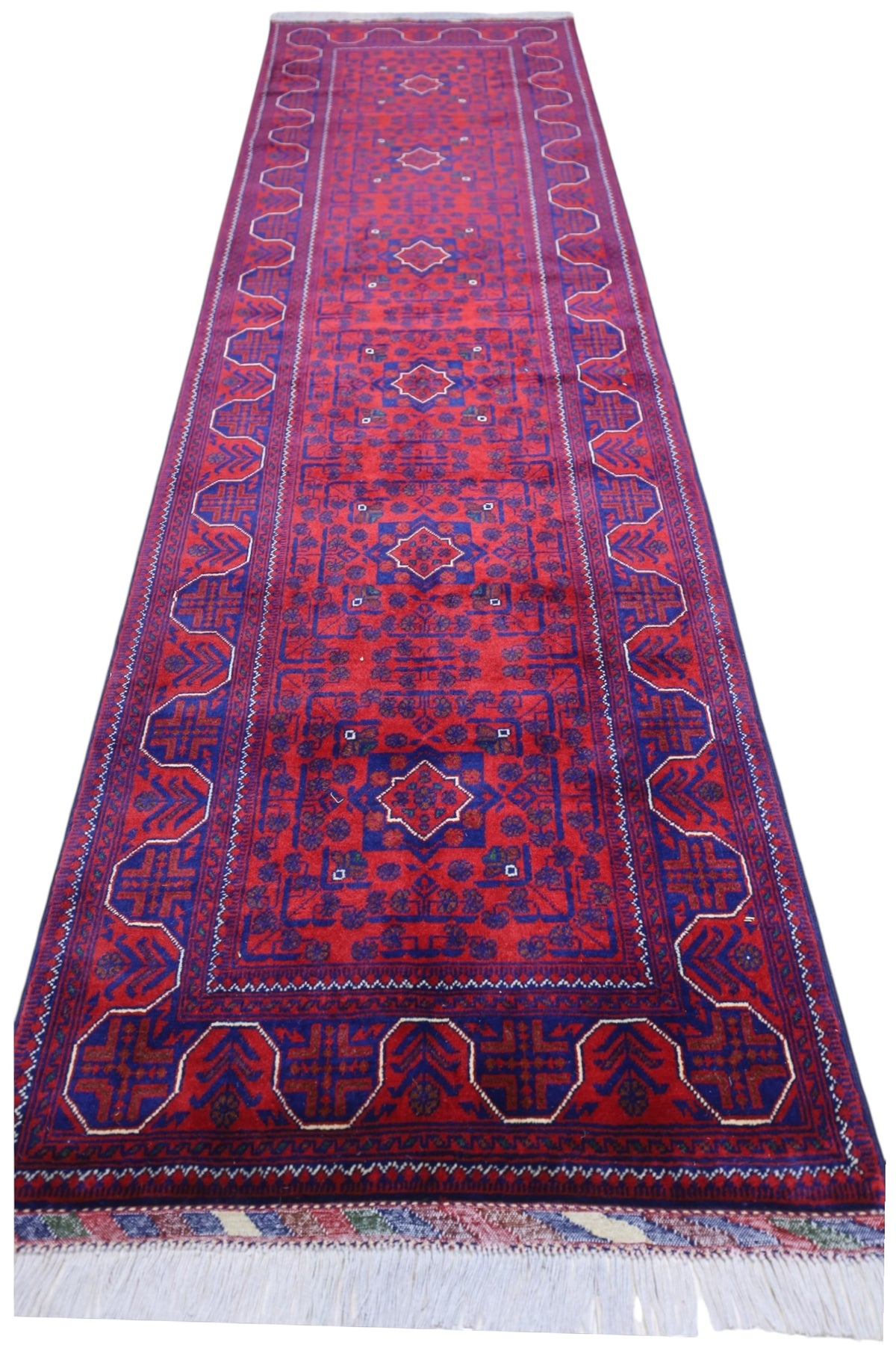 Afghan Bukhara Runner 2'9" x 9'9", Hand-Knotted Wool, Red, view 2