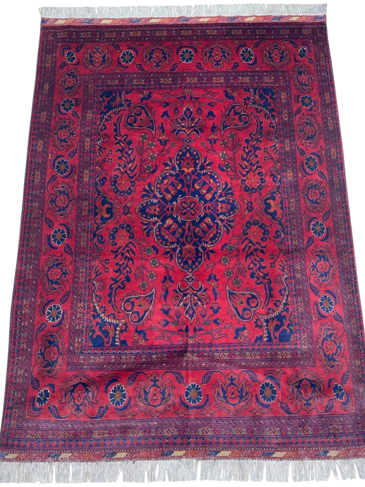 Afghan Medallion Rug 5x7, Red, Navy & Burgundy, Hand-Knotted Wool, view 2