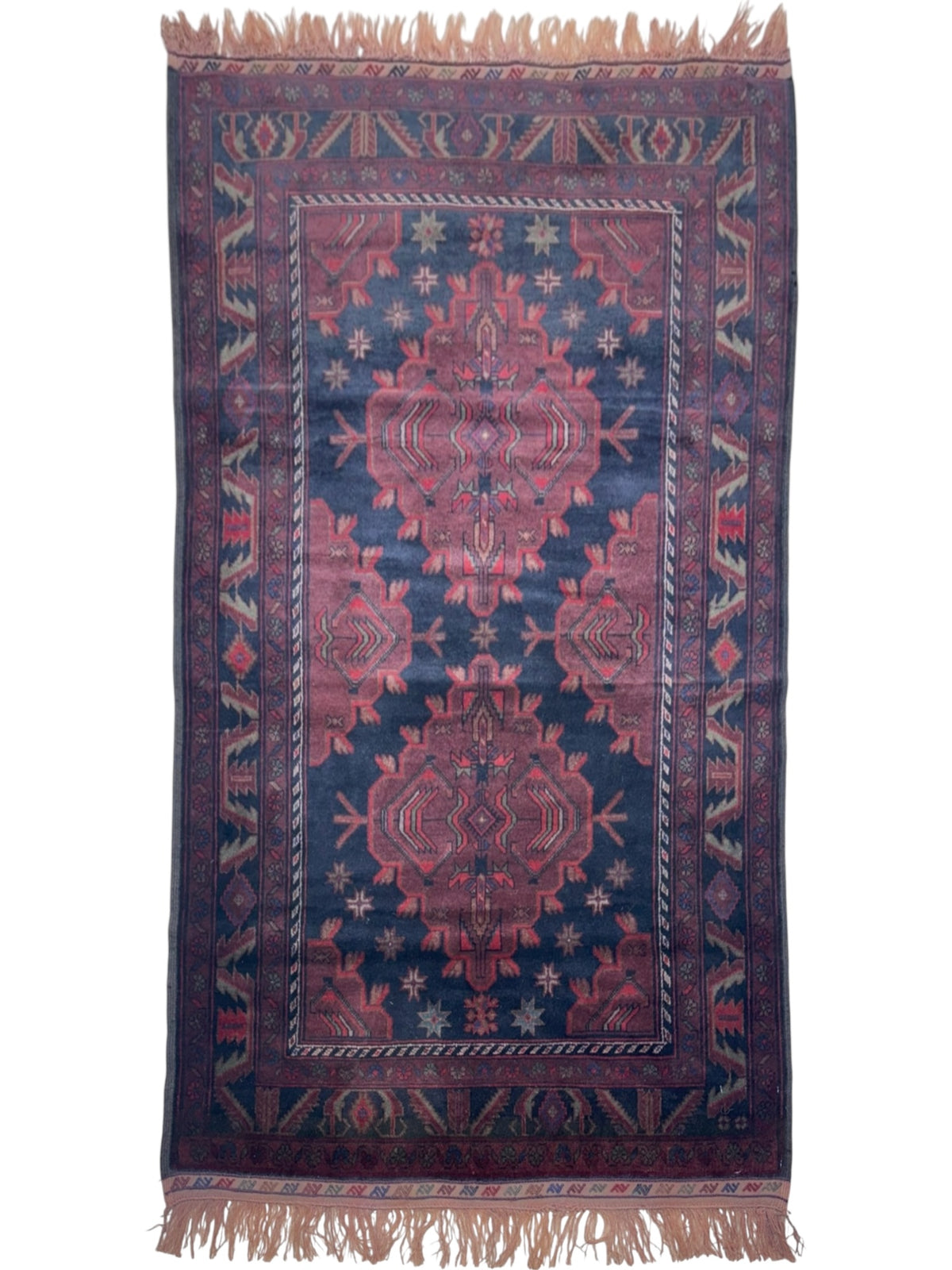 Afghan Patnos Rug 3'3" x 5'5", Hand-Knotted Wool, Red & Blue