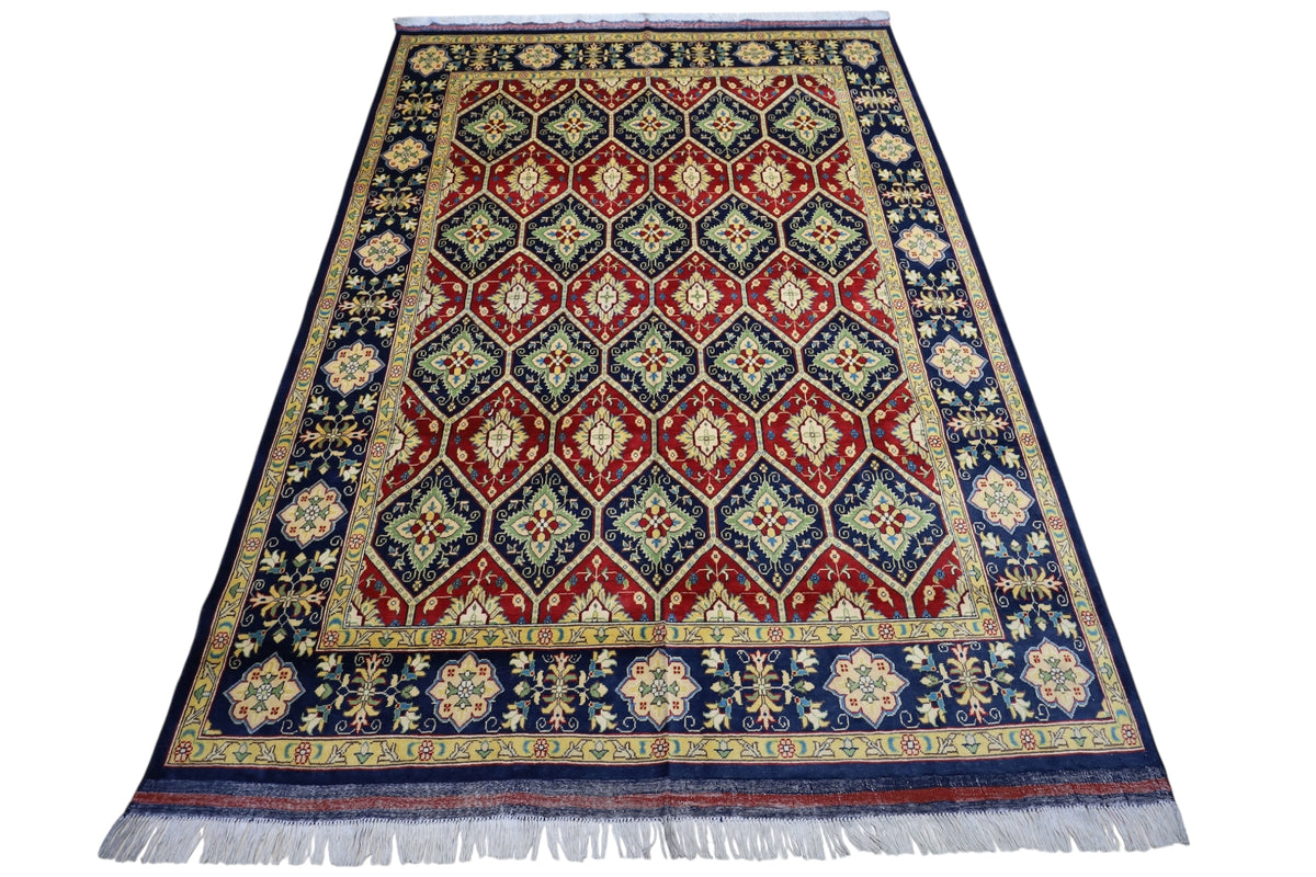 Afghan Tribal Rug 7x9, Red, Navy, Ivory & Gold, Hand-Knotted Wool, view 2