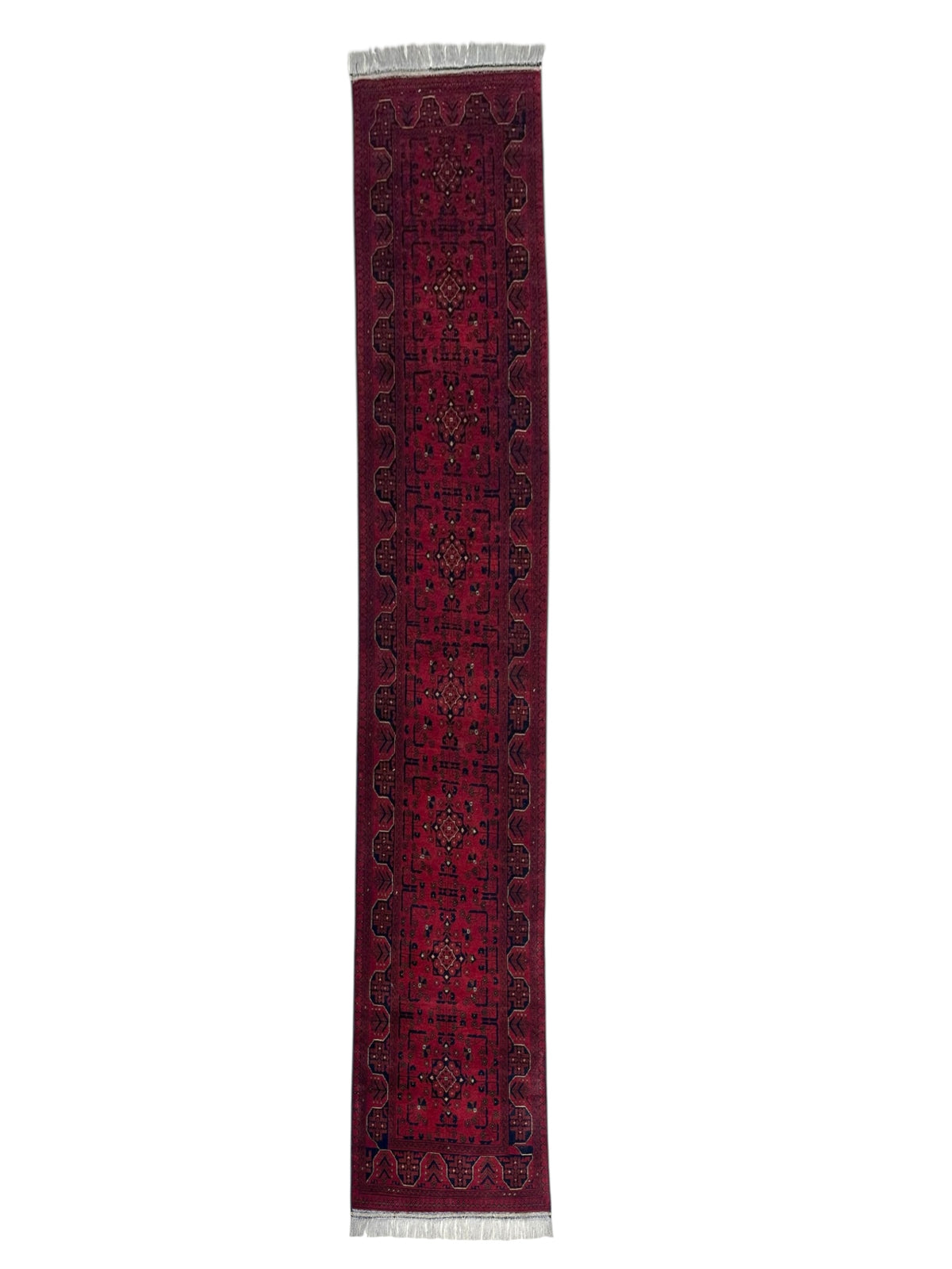 Afghan Bukhara Runner 2'6" x 12'7", Hand-Knotted Wool, Red
