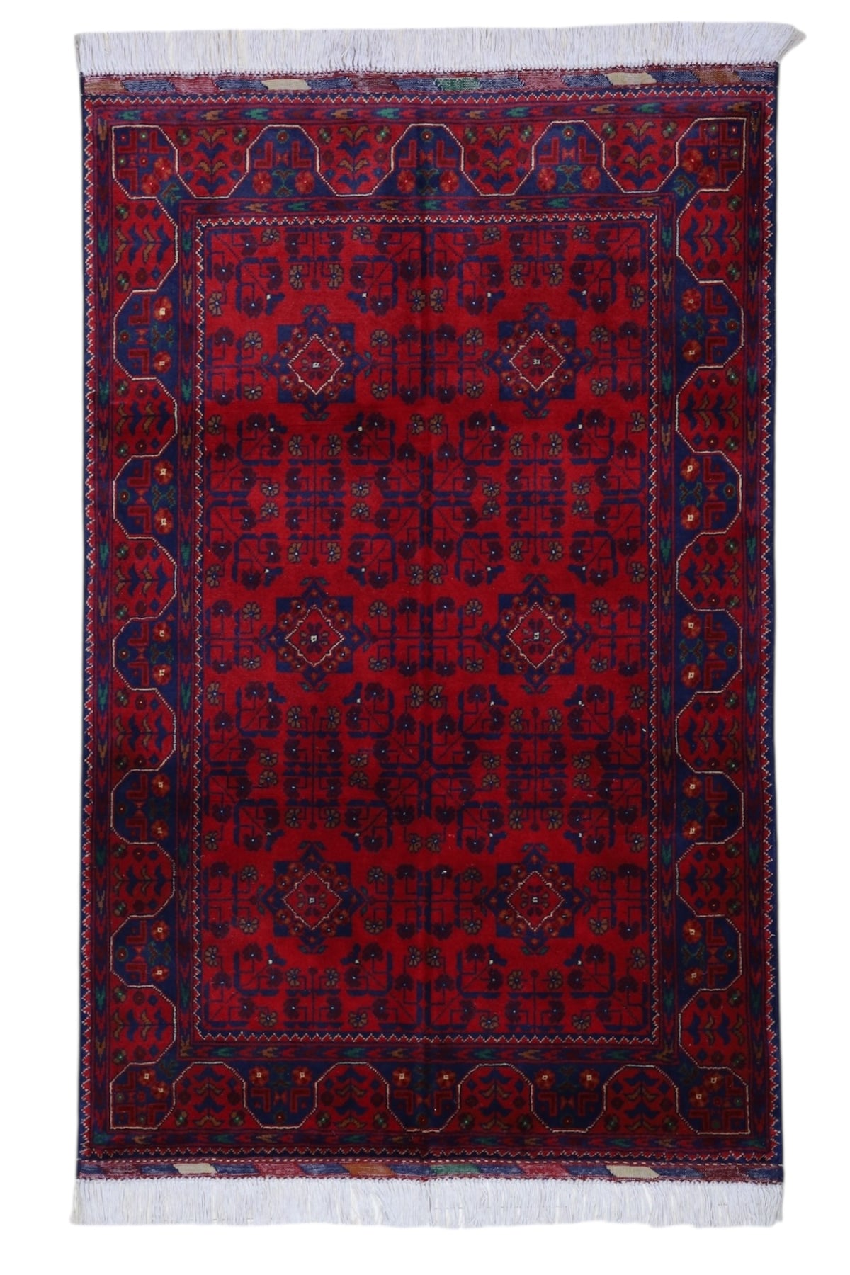 Afghan Turkmen Rug 3x5, Red, Navy & Burgundy, Hand-Knotted Wool