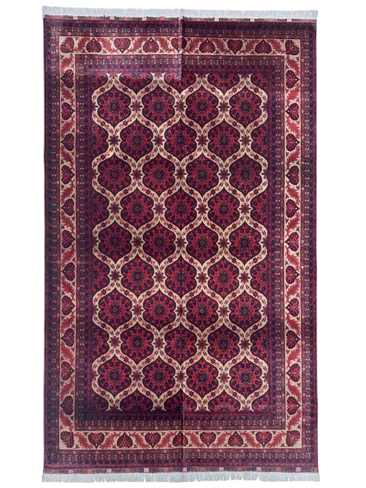 Afghan Rug 7x9, Burgundy, Red & Ivory, Hand-Knotted Wool