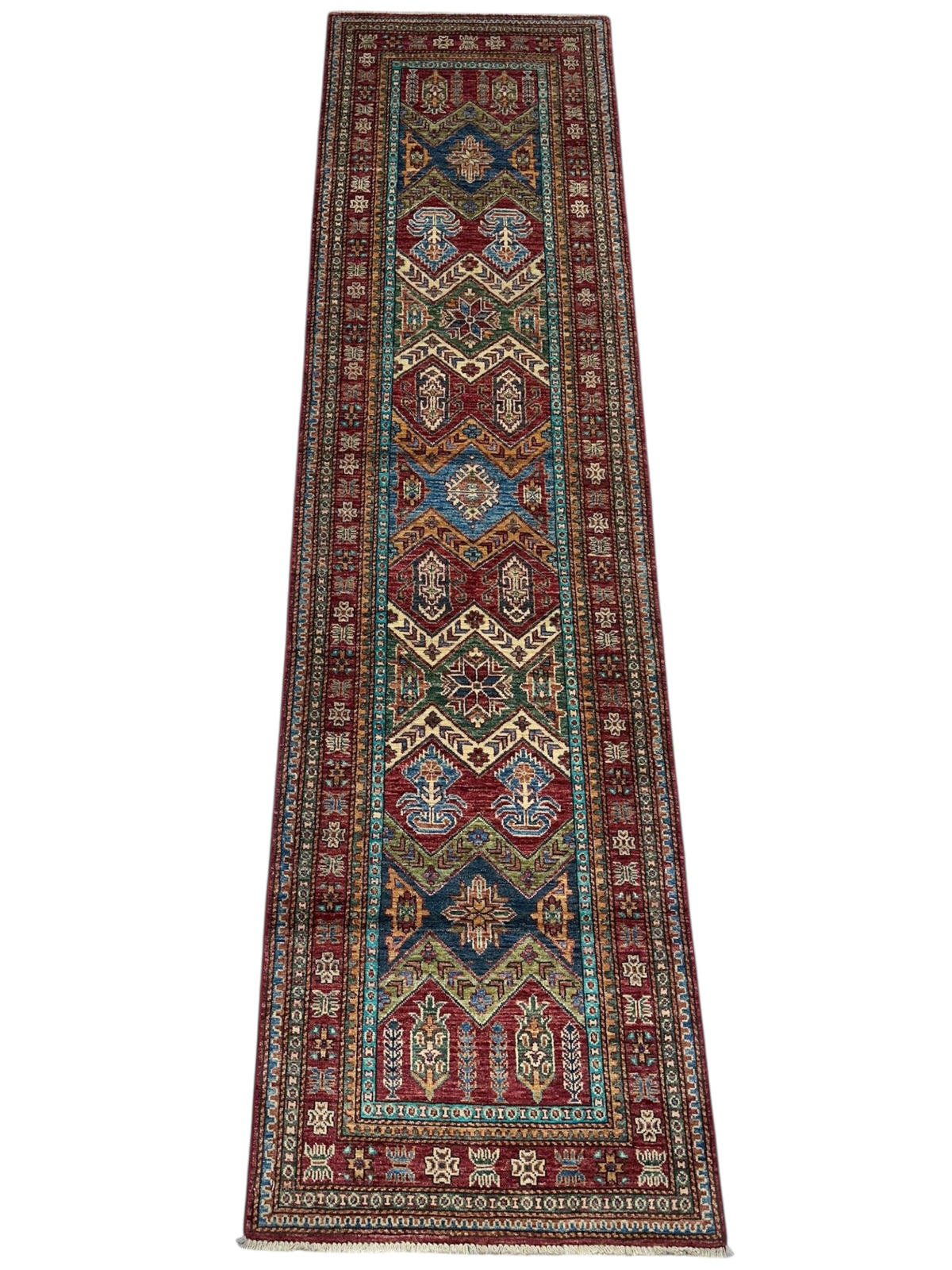Afghan Kazak Runner 2'6" x 9'8", Hand-Knotted Wool, Blue & Camel, view 3