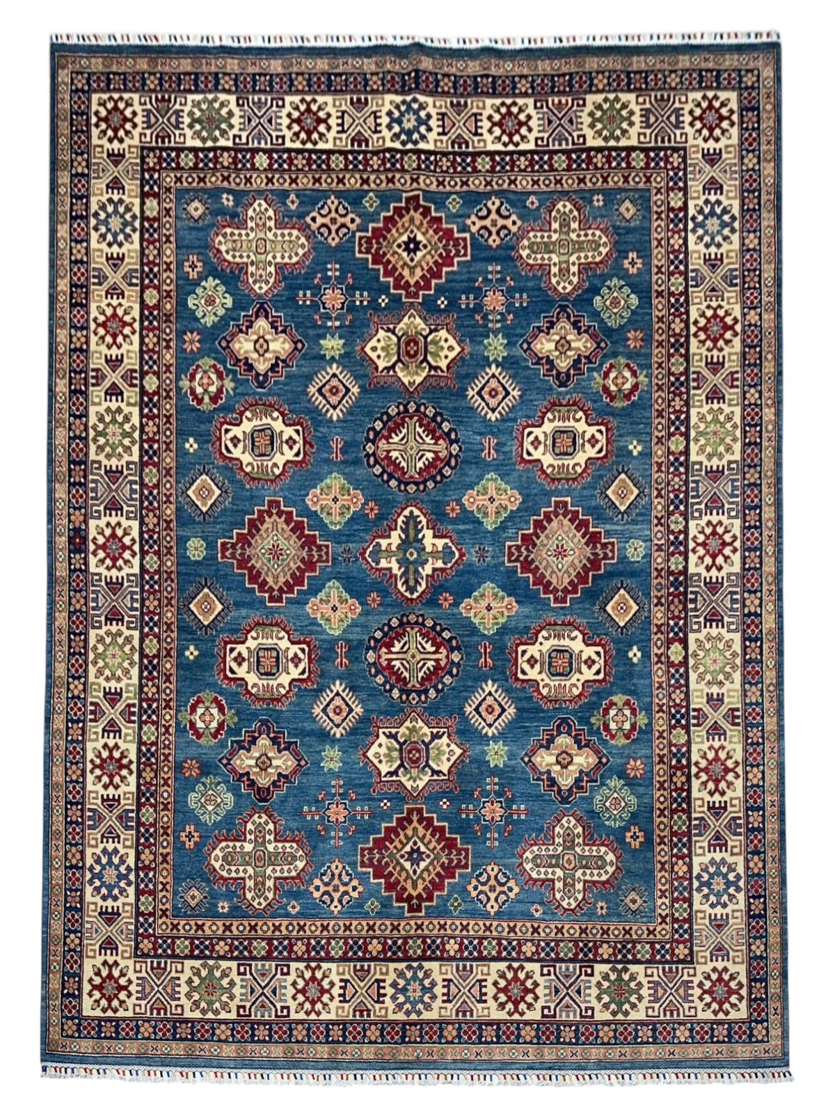 Afghan Kazak Rug 8'2" x 10', Hand-Knotted Wool, Blue & Cream