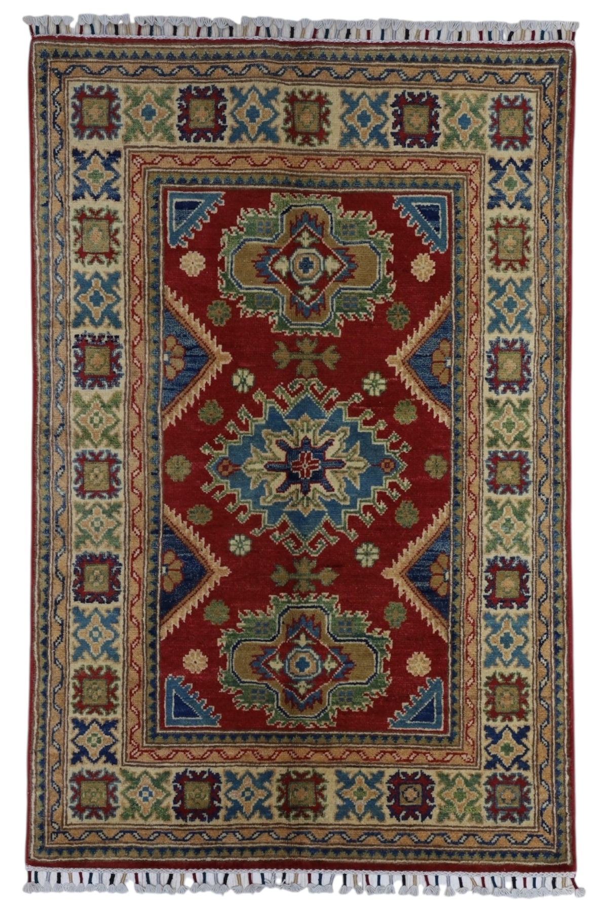 Afghan Kazak Rug 3'3" x 4'10", Hand-Knotted Wool, Red
