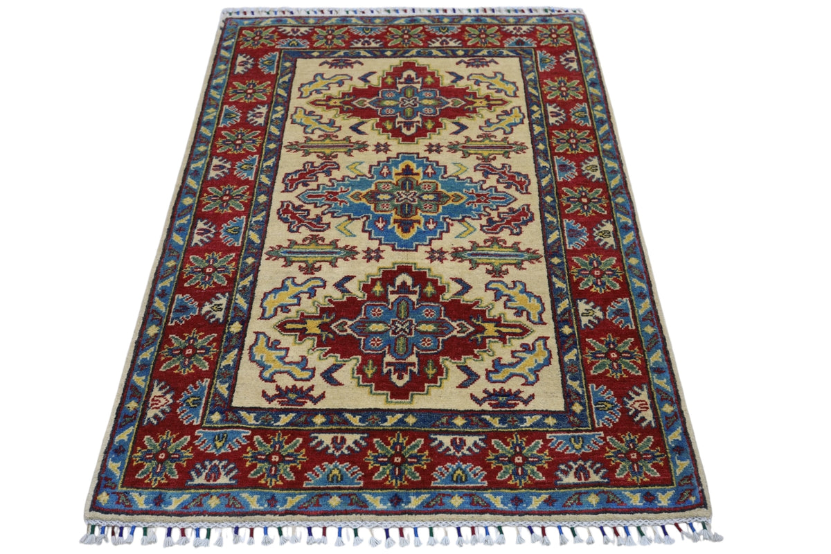 Afghan Kazak Rug 3'4" x 4'9", Hand-Knotted Wool, Cream & Red, view 2
