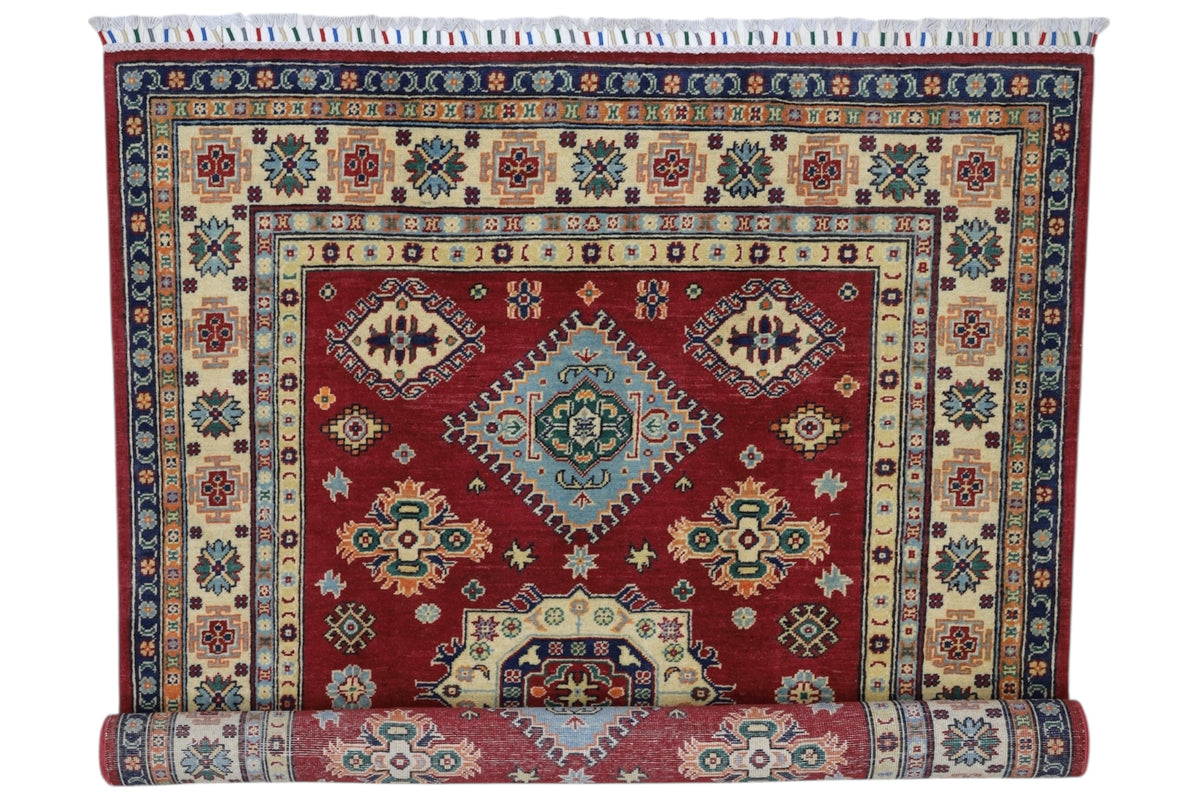 Afghan Kazak Rug 4'10" x 6'6", Hand-Knotted Wool, Red, view 7