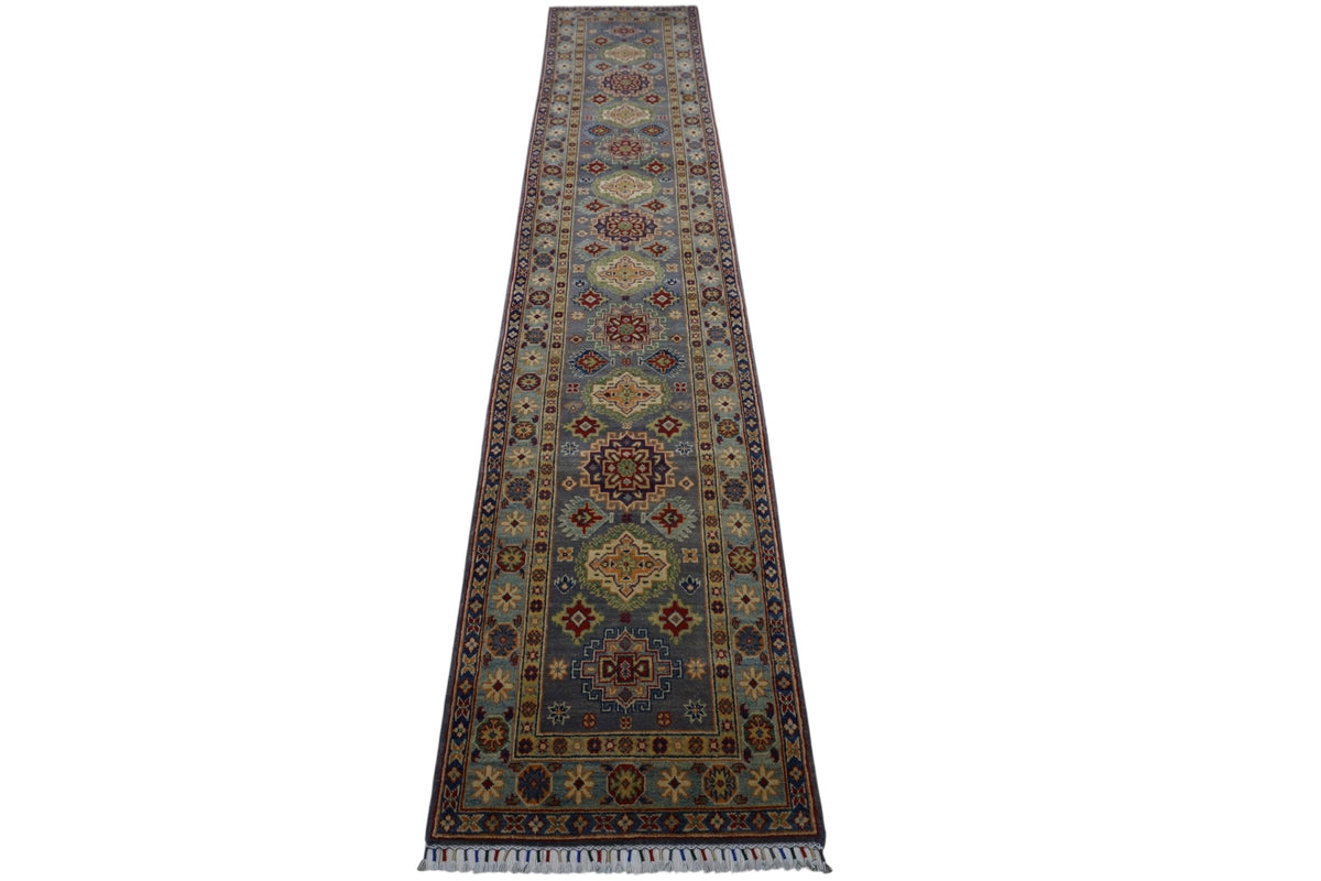Afghan Kazak Runner 2'7" x 12'11", Hand-Knotted Wool, Gray, view 3