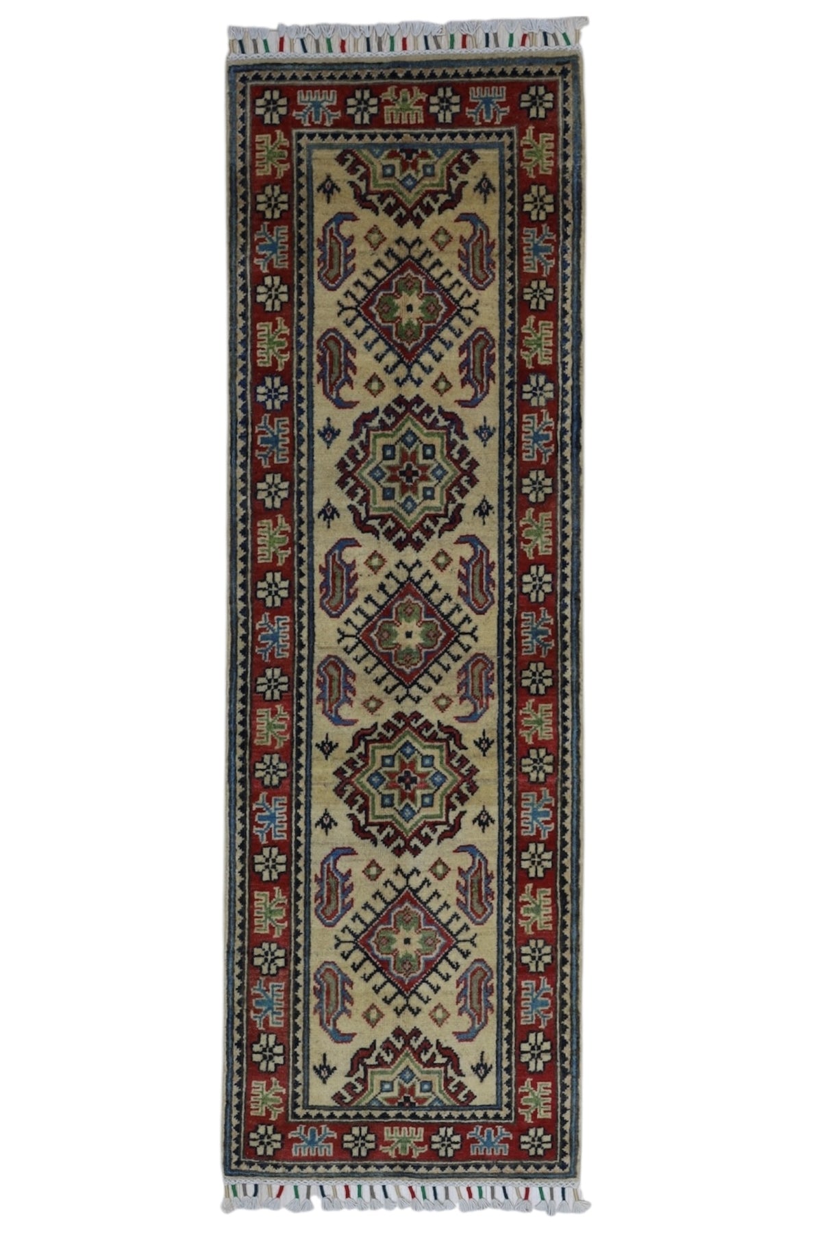 Afghan Kazak Runner 2' x 6'2", Hand-Knotted Wool, Red