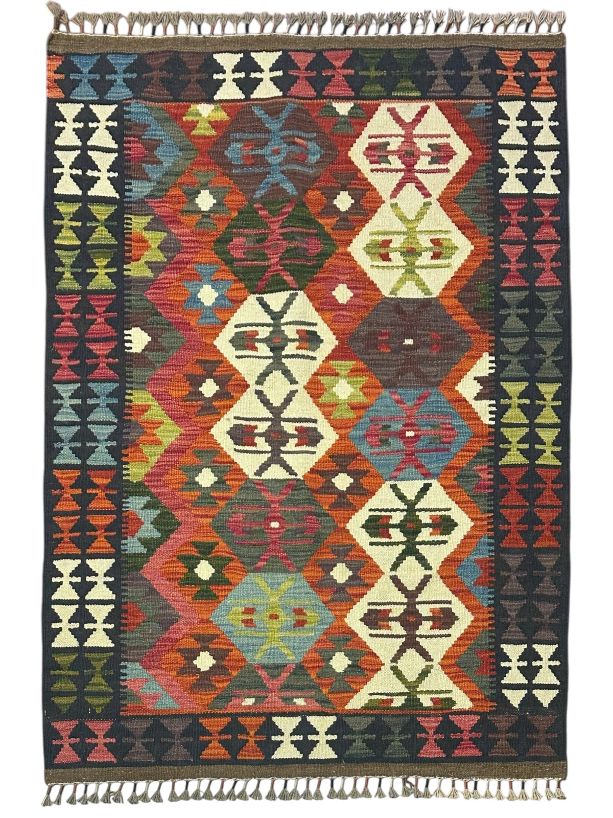 Afghan Kilim Rug 4x5, Rust, Ivory & Navy, Diamond Lattice Wool Flatweave