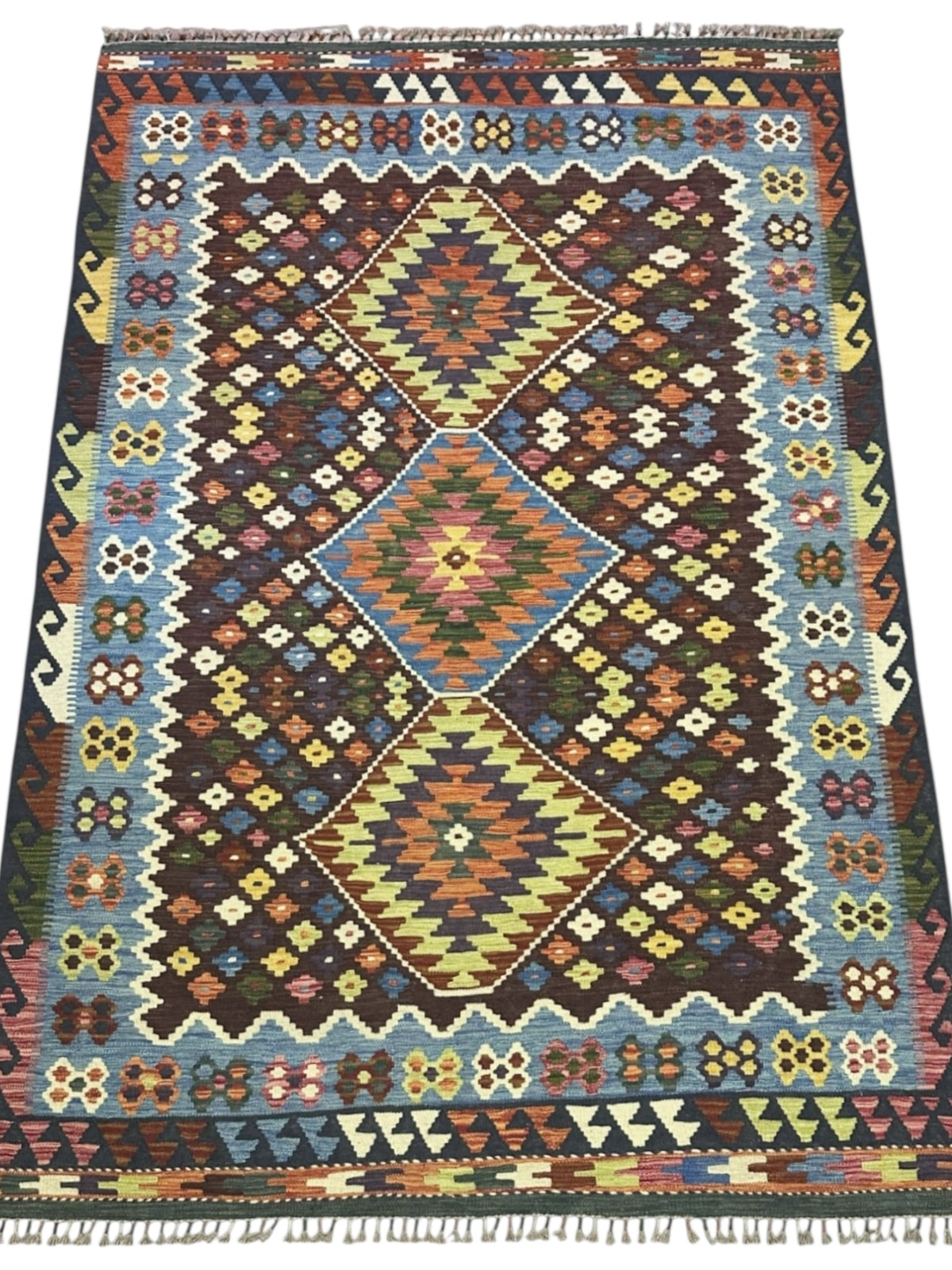 Afghan Kilim Rug 6x8, Brown, Blue & Ivory, Hand-Woven Wool Flatweave, view 2