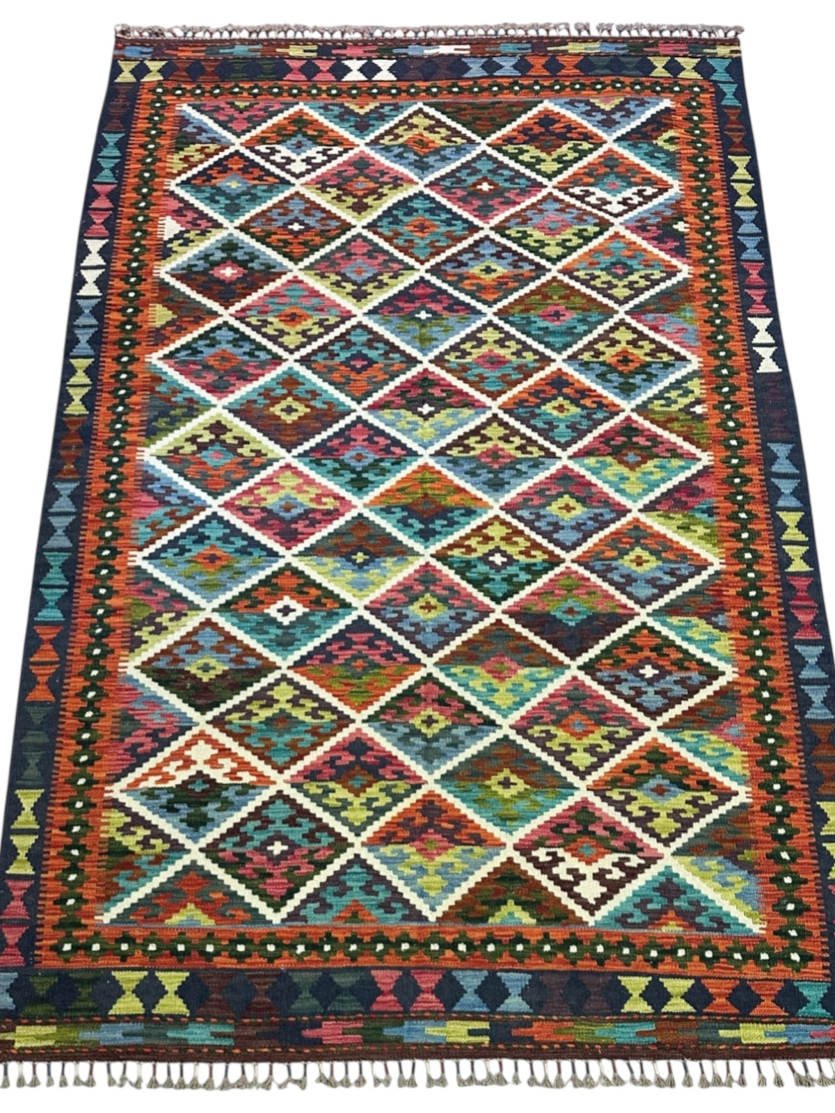 Afghan Kilim Rug 6x8, Rust, Teal & Navy, Hand-Woven Wool Flatweave, view 2