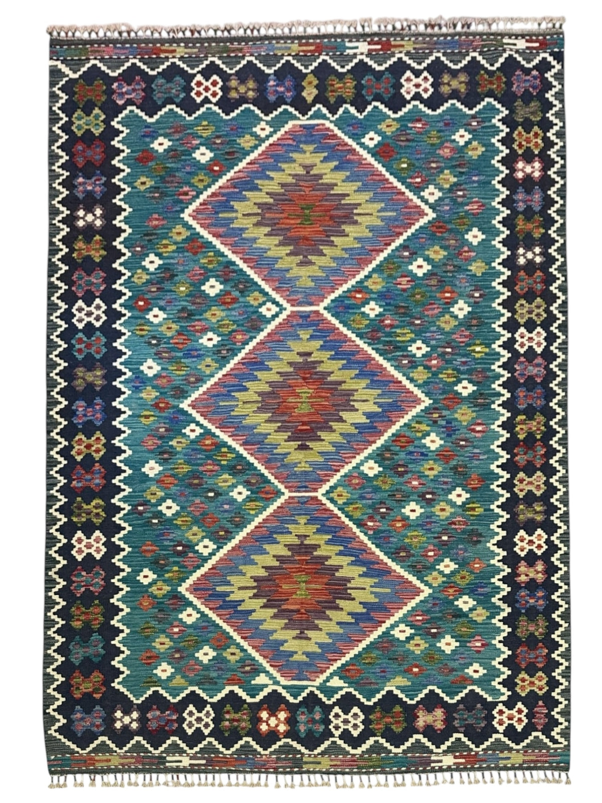 Afghan Kilim Rug 6x8, Teal, Navy & Purple, Hand-Woven Wool Flatweave