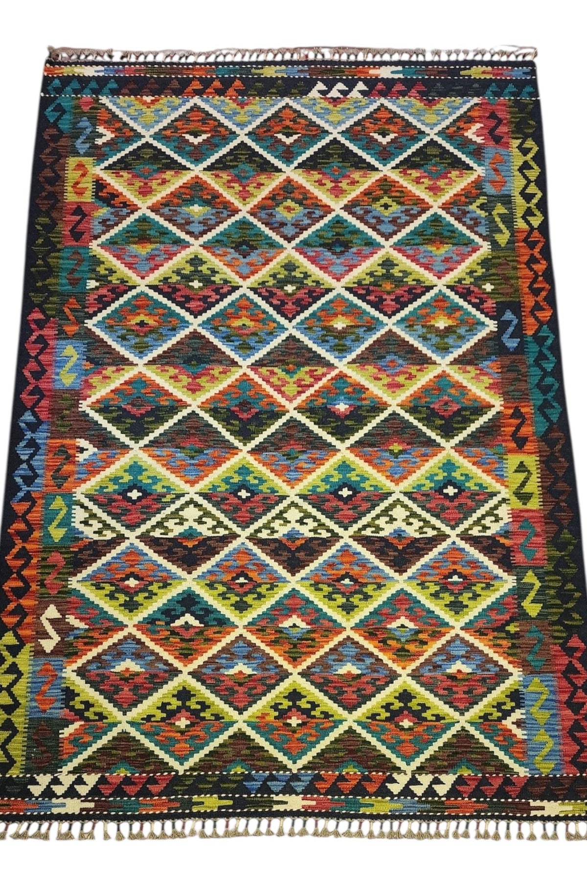 Afghan Kilim Rug 5x8, Olive Green, Rust & Teal, Hand-Woven Wool Flatweave, view 2