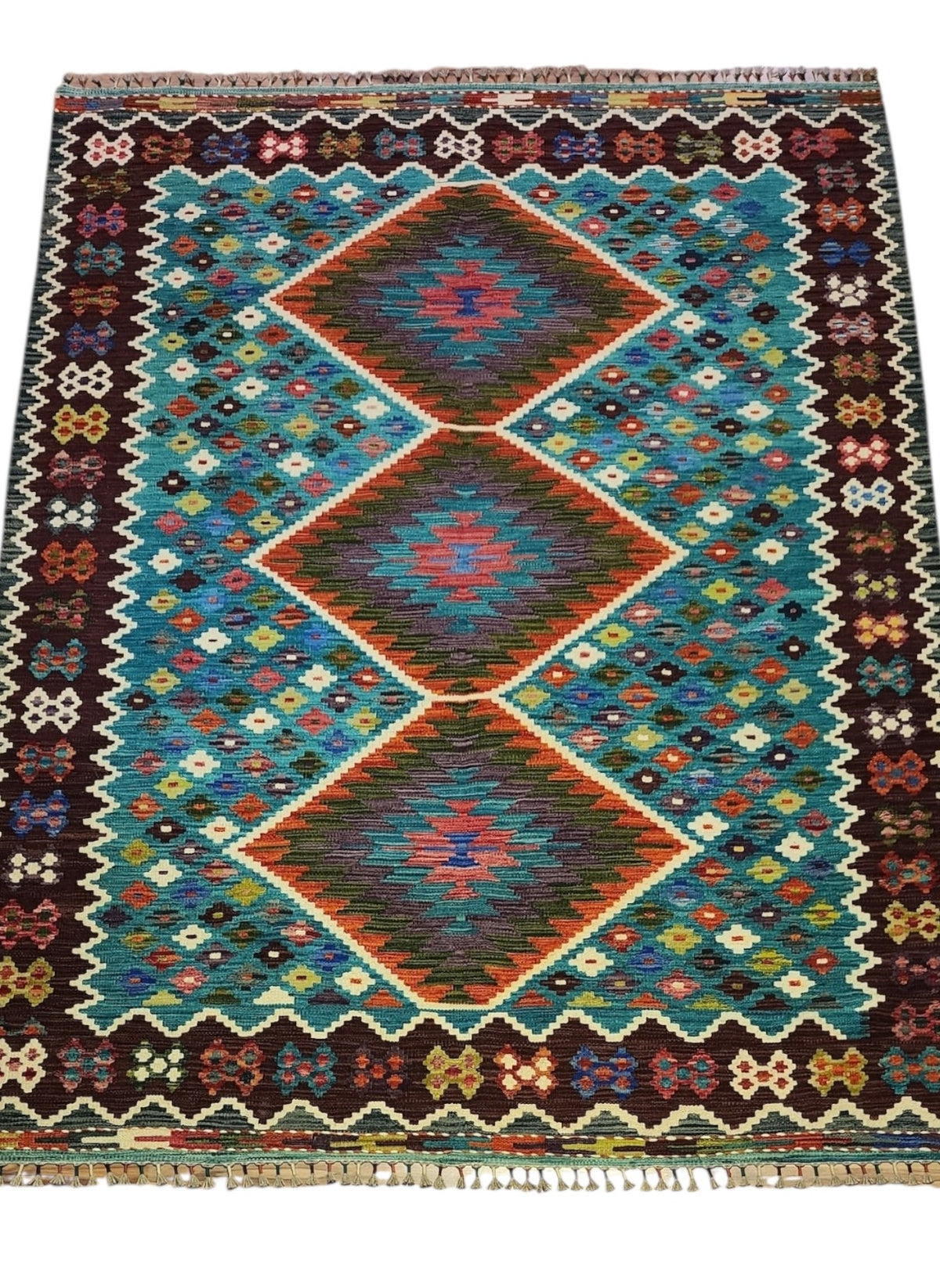 Afghan Kilim Rug 6x8, Teal, Brown & Rust, Hand-Woven Wool Flatweave, view 2