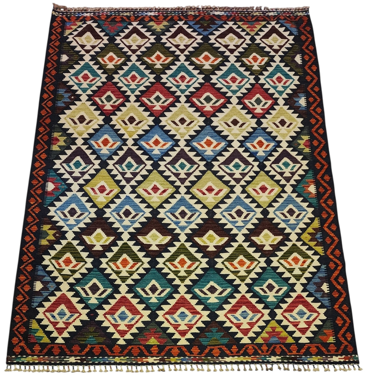 Afghan Kilim Rug 6x8, Navy, Ivory & Rust, Hand-Woven Wool Flatweave, view 3