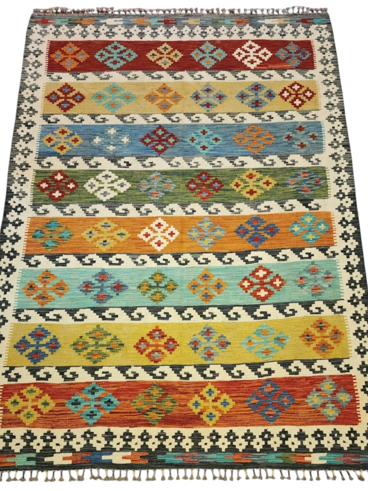 Afghan Kilim Rug 6x8, Ivory, Rust & Olive Green, Hand-Woven Wool Flatweave, view 2