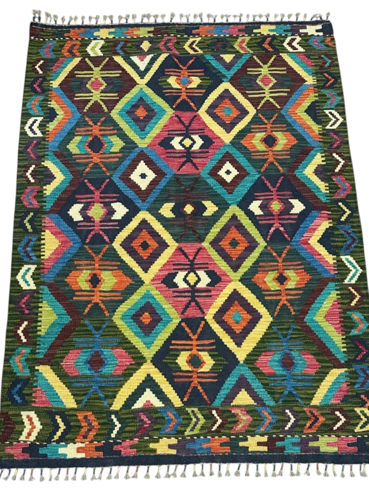 Afghan Kilim Rug 4x6, Olive Green, Navy & Teal, Diamond Lattice Wool Flatweave, view 2