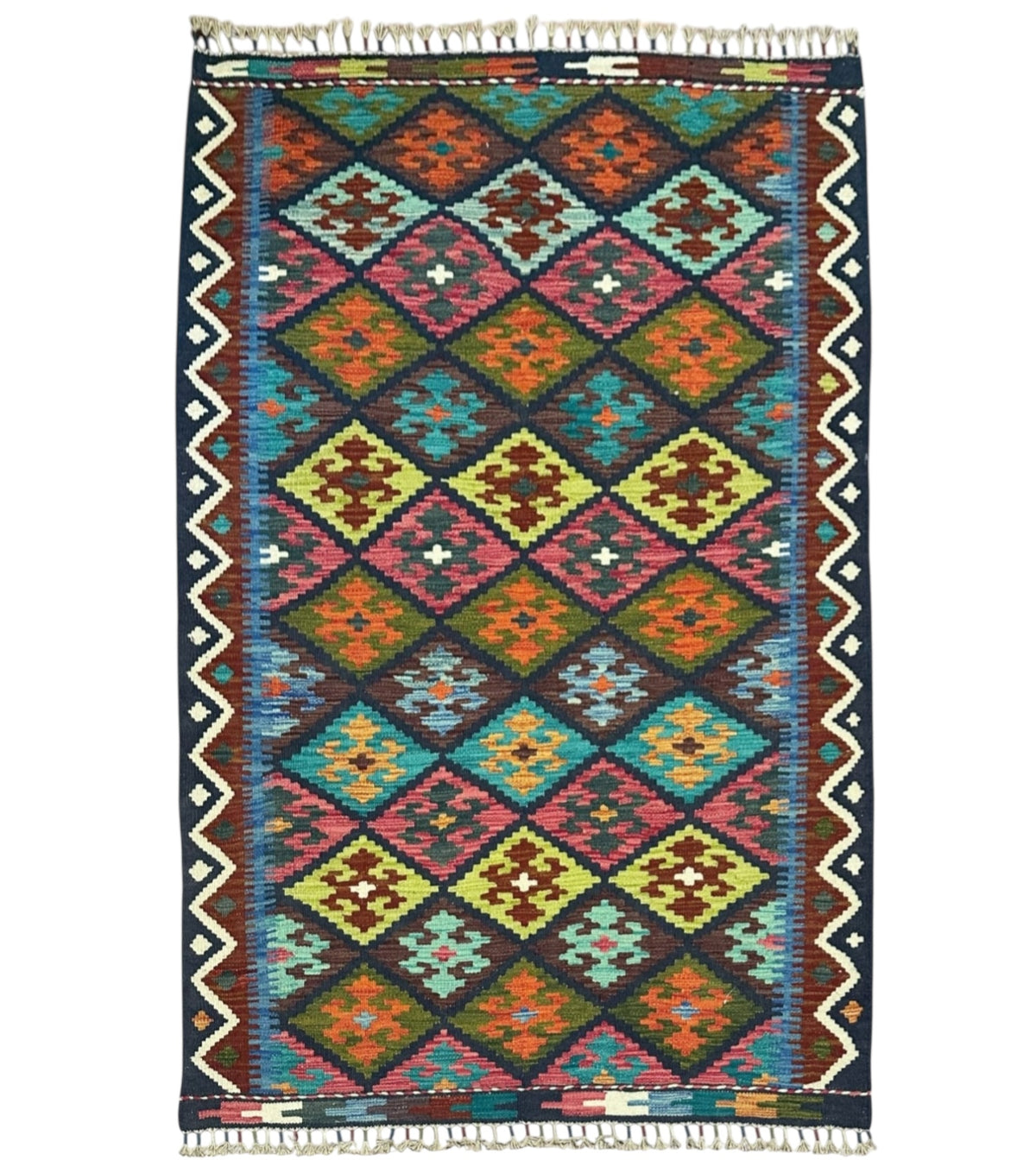 Afghan Kilim Rug 4x6, Navy, Pink & Teal, Diamond Lattice Wool Flatweave