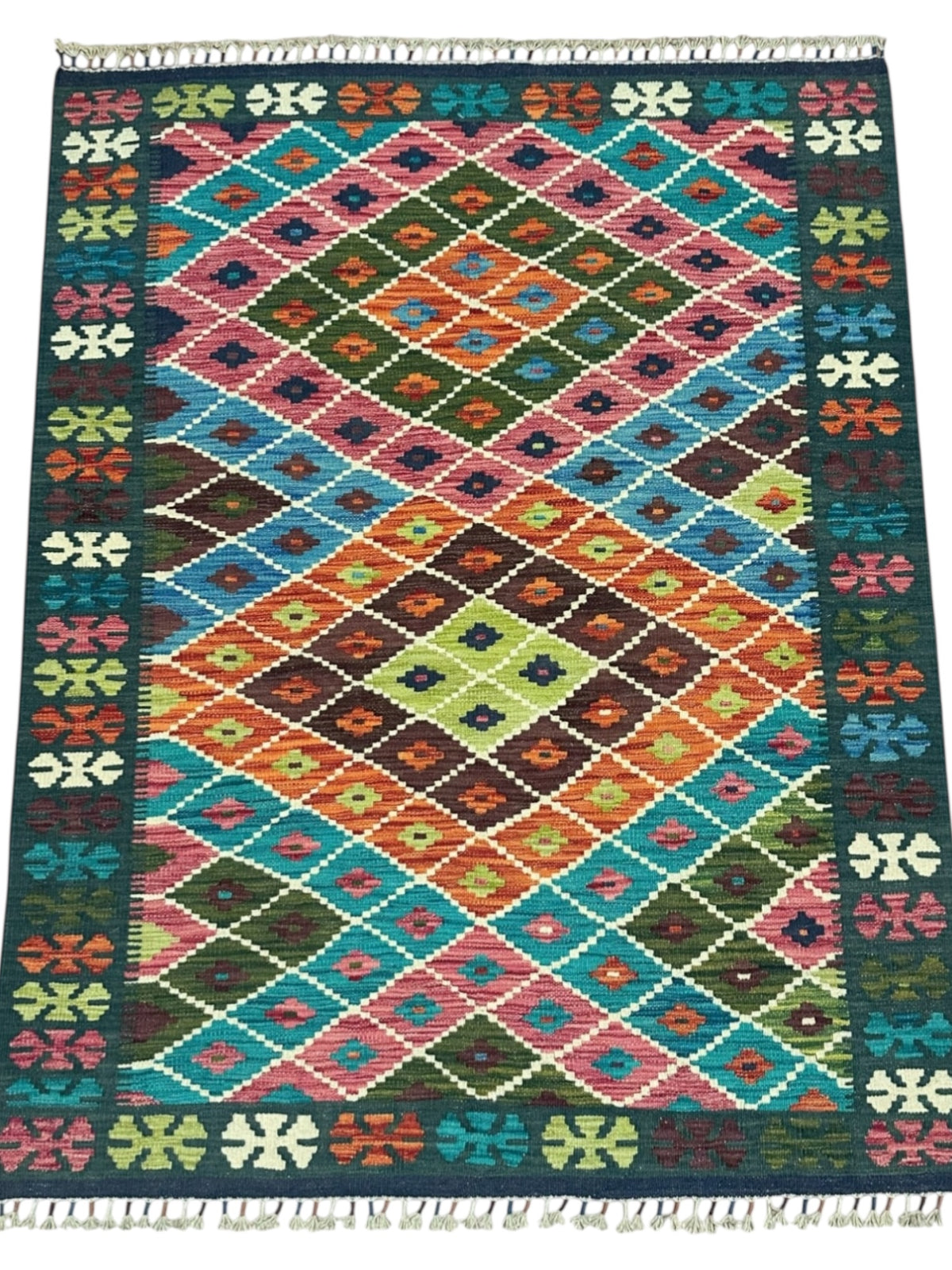 Afghan Kilim Rug 4x6, Teal, Pink & Brown, Hand-Woven Wool Flatweave, view 2