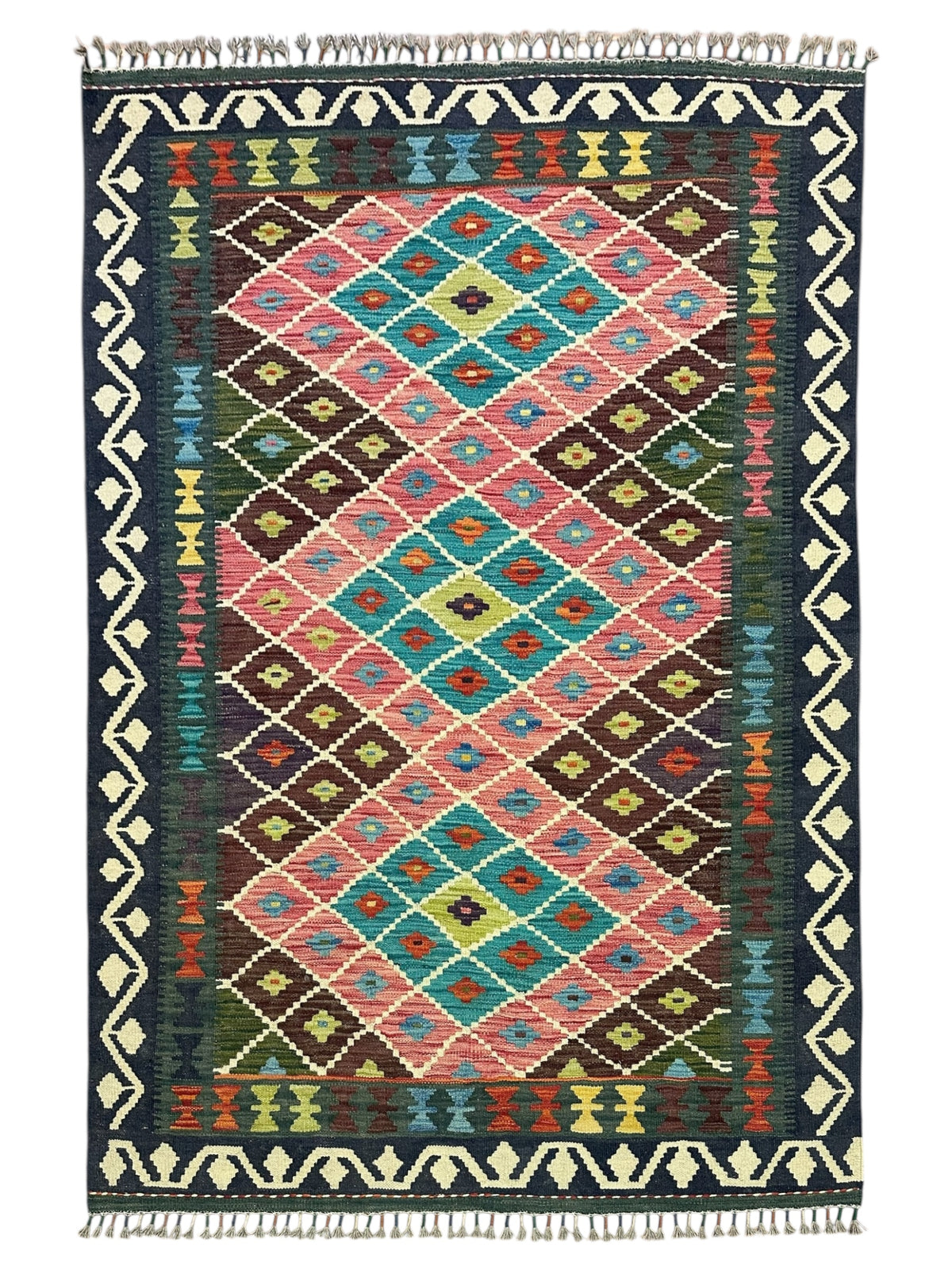 Afghan Kilim Rug 4x6, Pink, Brown & Navy, Hand-Woven Wool Flatweave