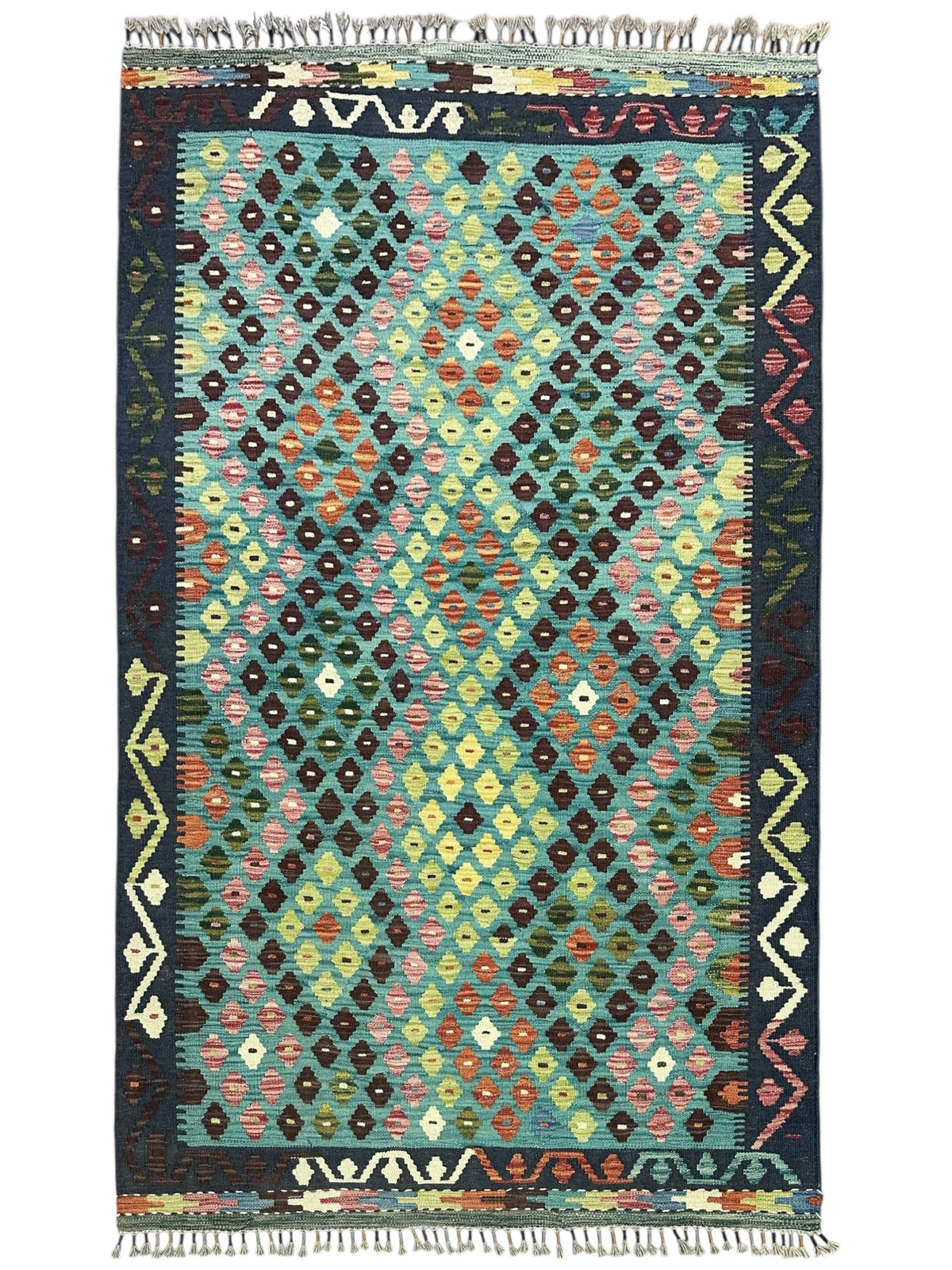 Afghan Kilim Rug 4x6, Teal, Navy & Green, Hand-Woven Wool Flatweave