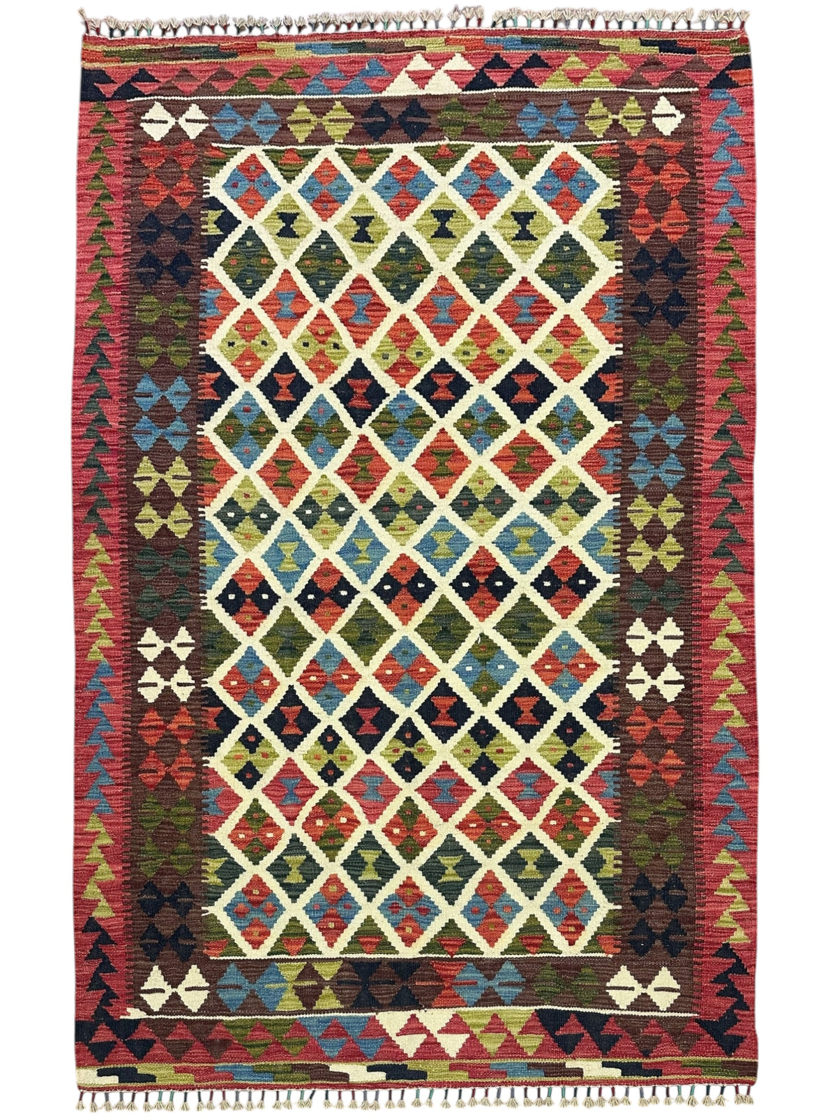 Afghan Kilim Rug 4x6, Rust, Ivory & Navy, Hand-Woven Wool Flatweave