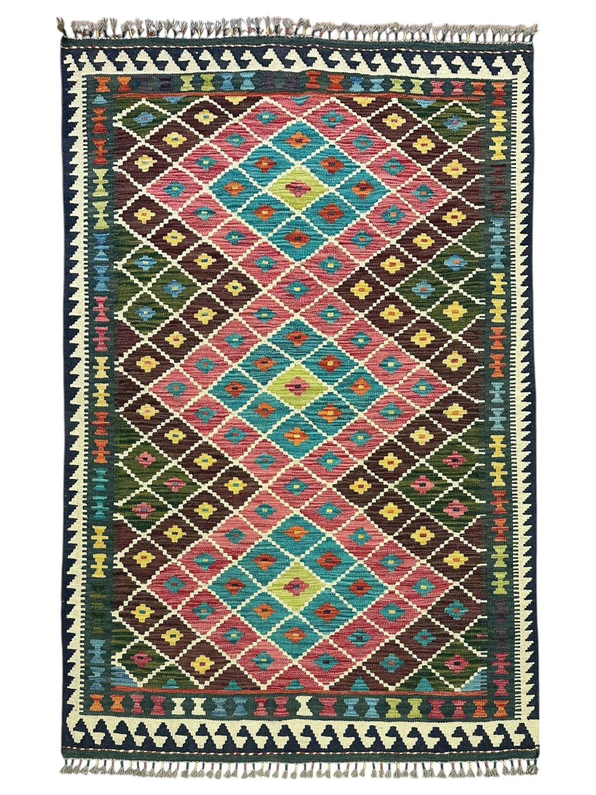 Afghan Kilim Rug 4x6, Brown, Pink & Teal, Hand-Woven Wool Flatweave